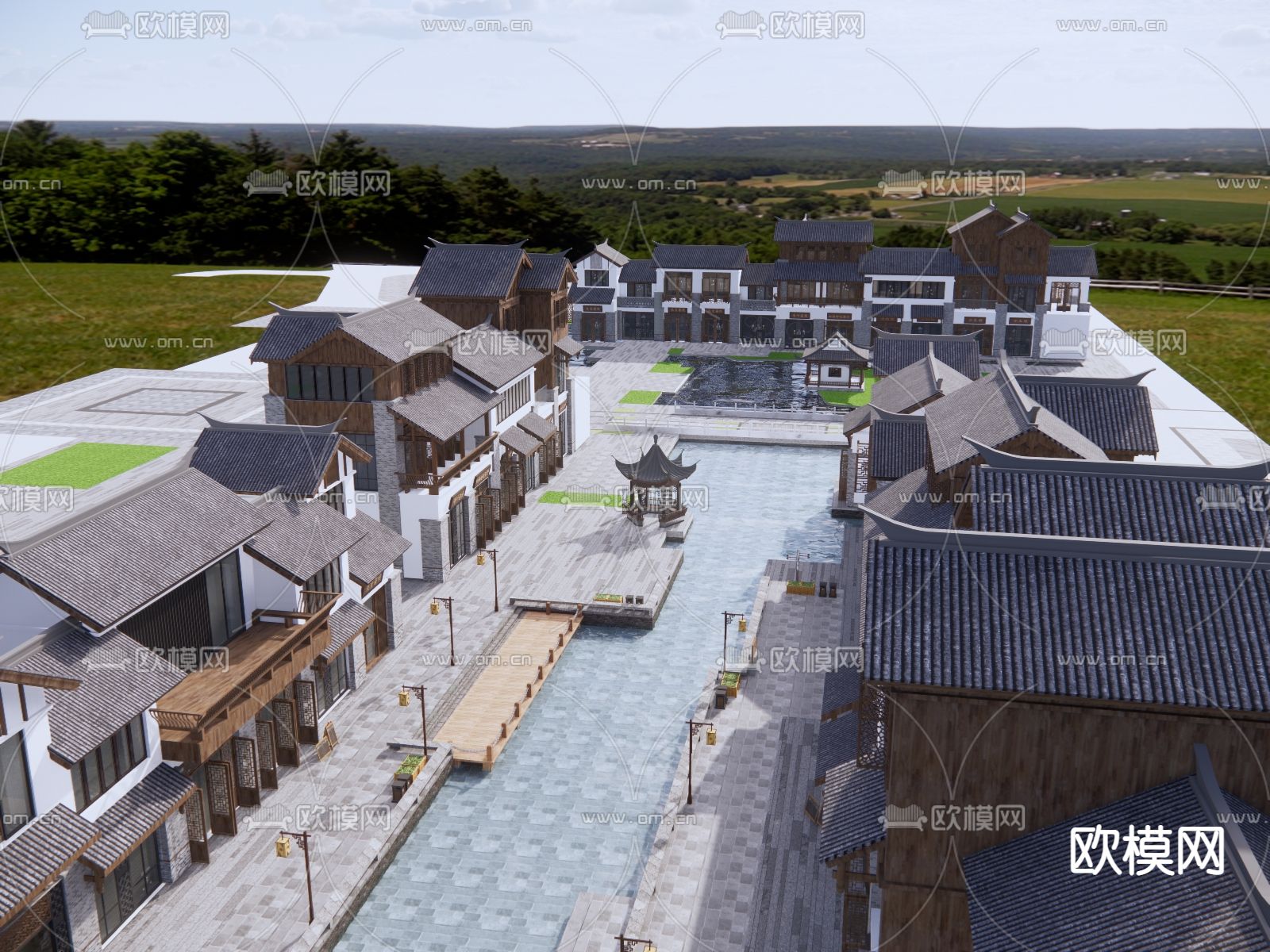 中式商业街su模型下载（渲染图2）