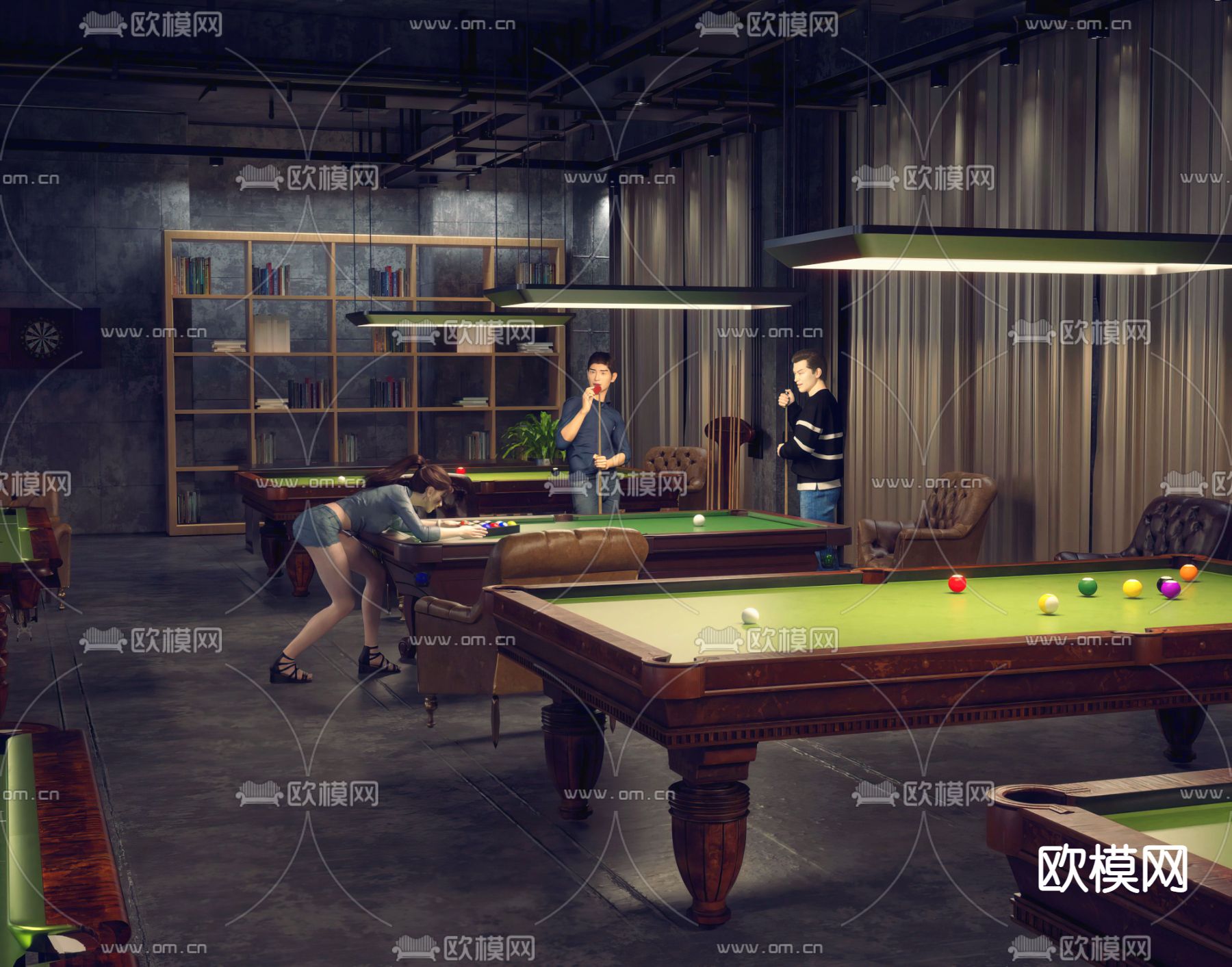 工业风桌球室3d模型下载（渲染图2）