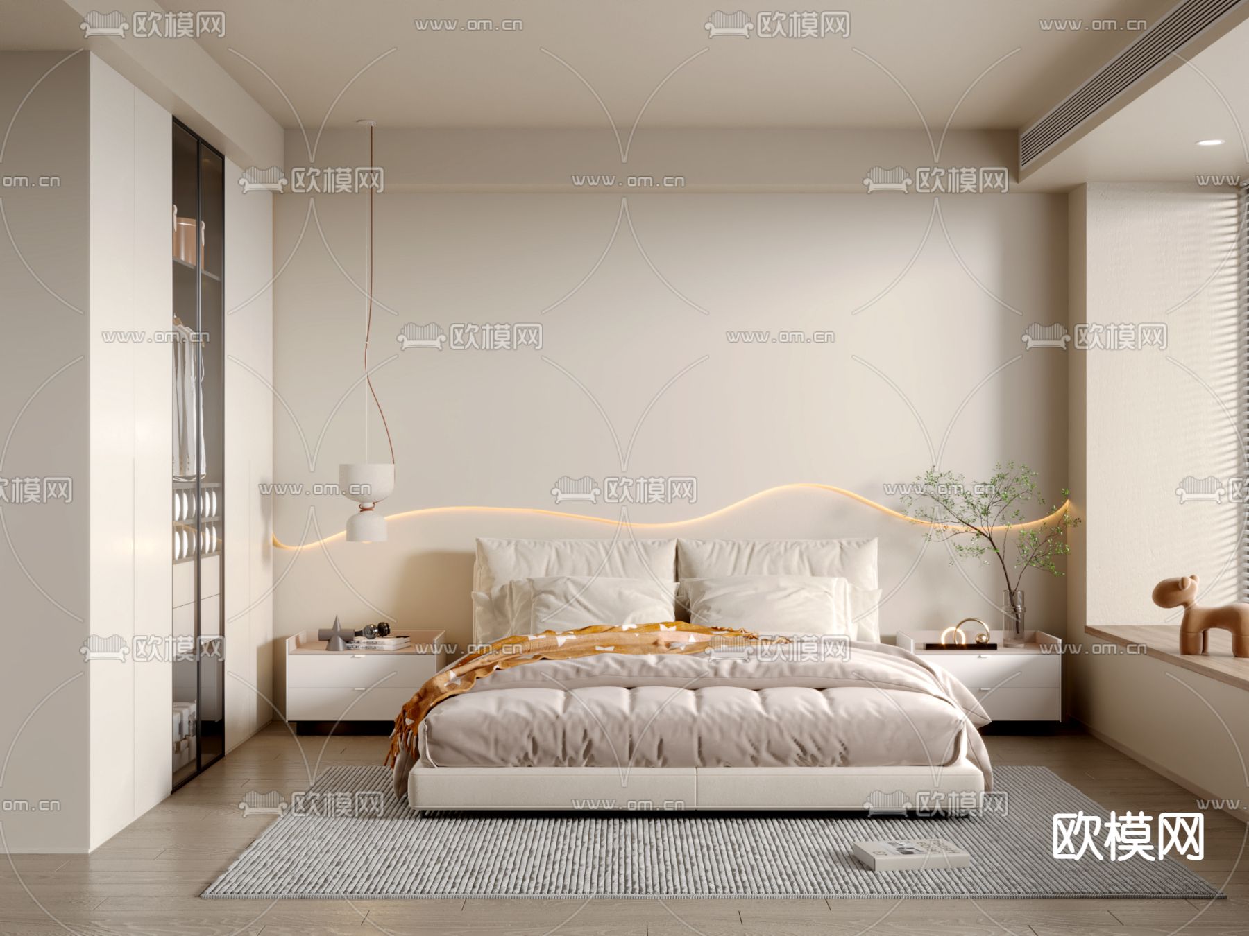 奶油风卧室 主卧3d模型下载_ID14065810_3dmax免费模型-欧模网