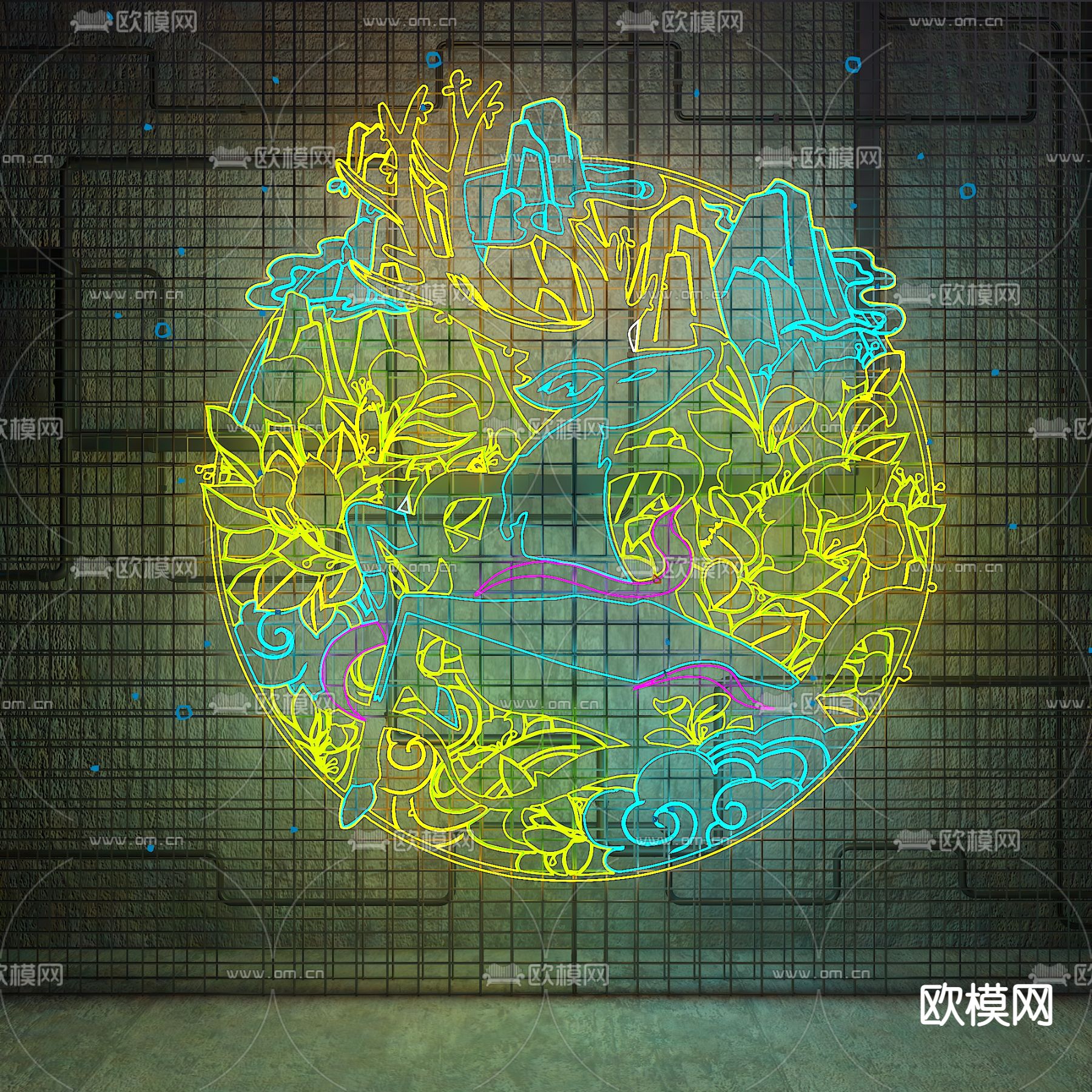 霓虹灯 国潮灯 装饰灯su模型下载（渲染图1）
