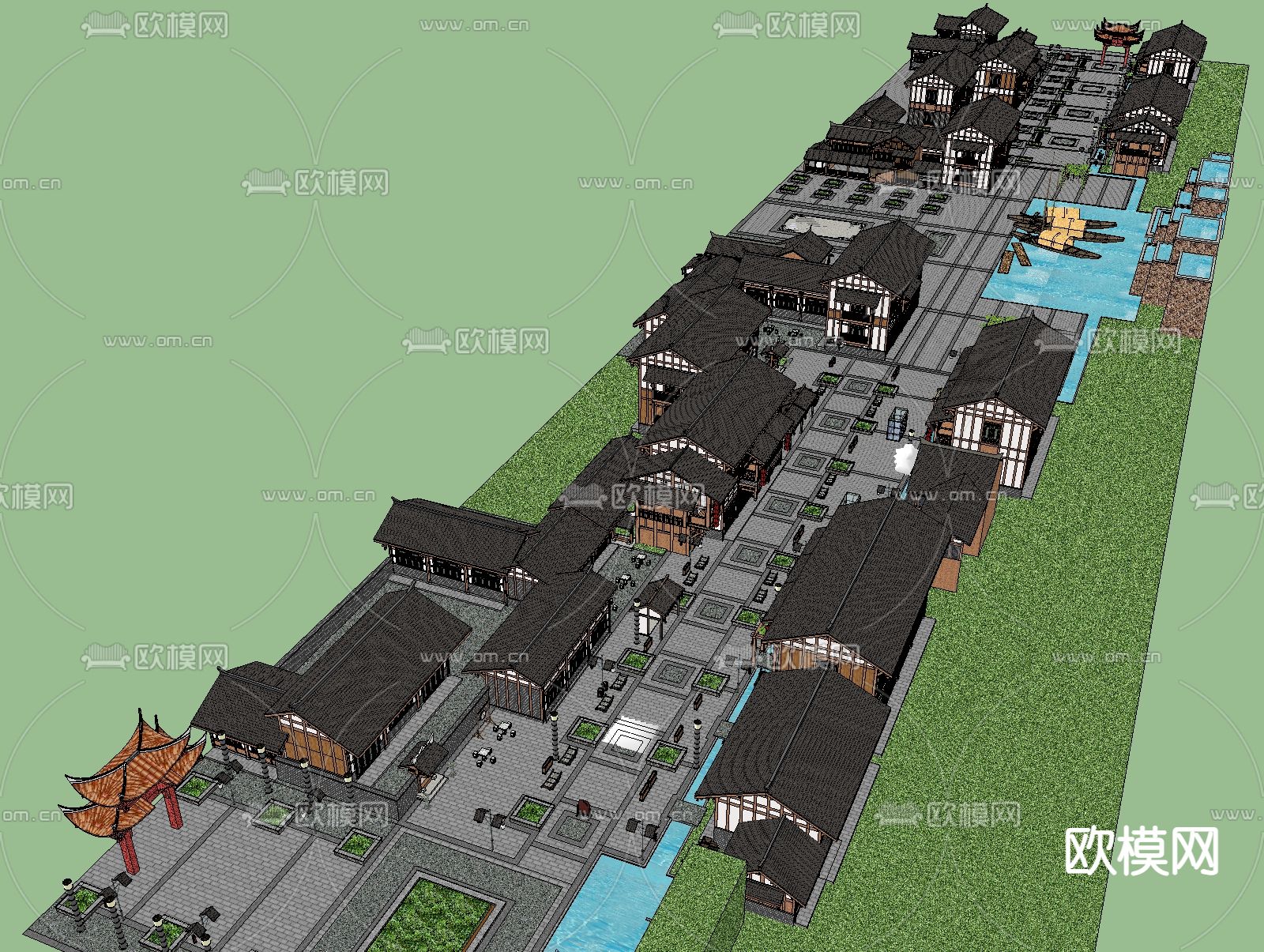 中式商业街su模型下载（渲染图2）