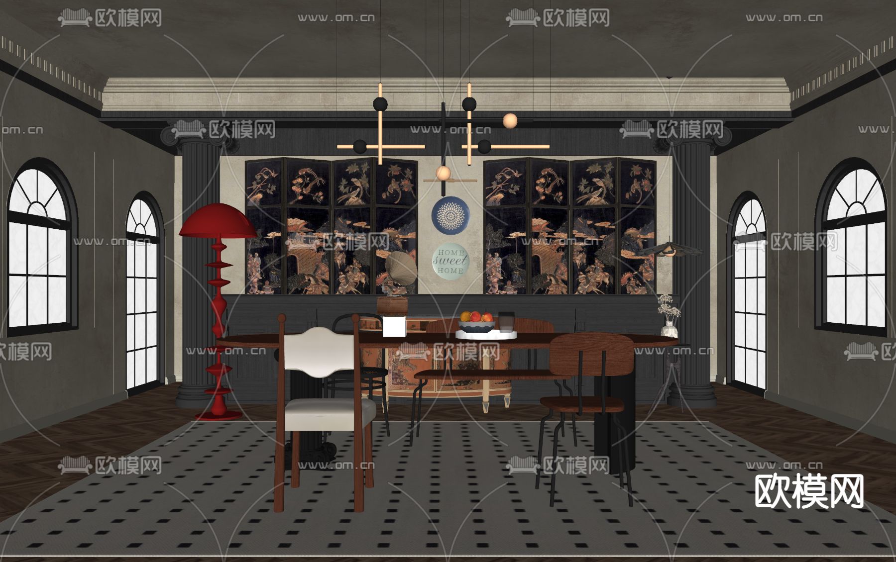 中古风餐厅su模型