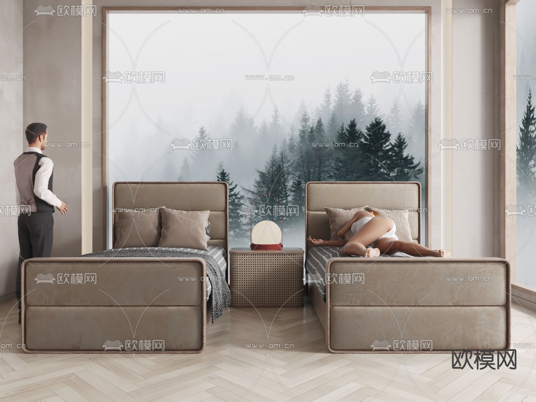 侘寂风按摩单人床su模型下载（渲染图1）