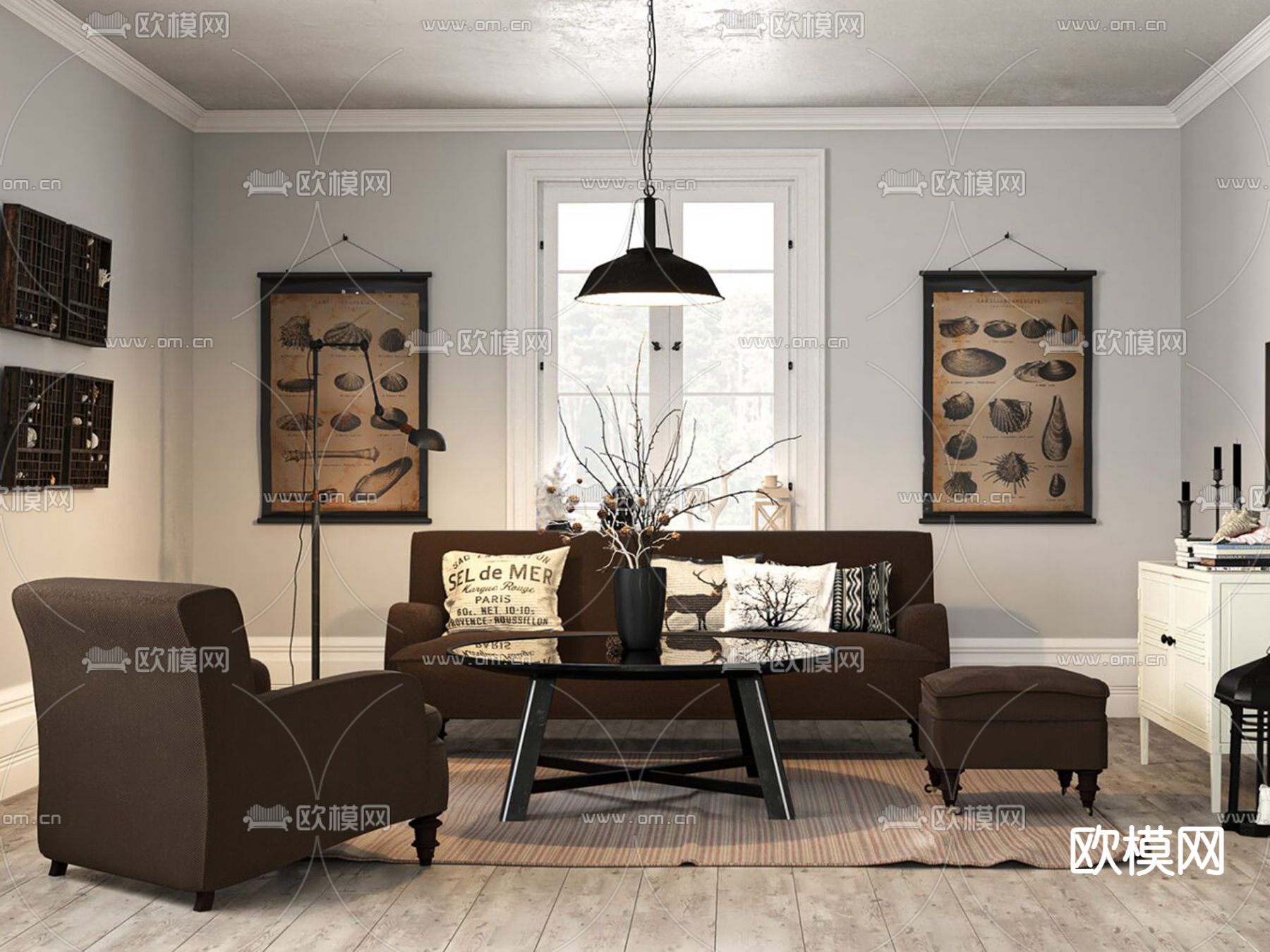 美式客厅su模型下载（渲染图1）