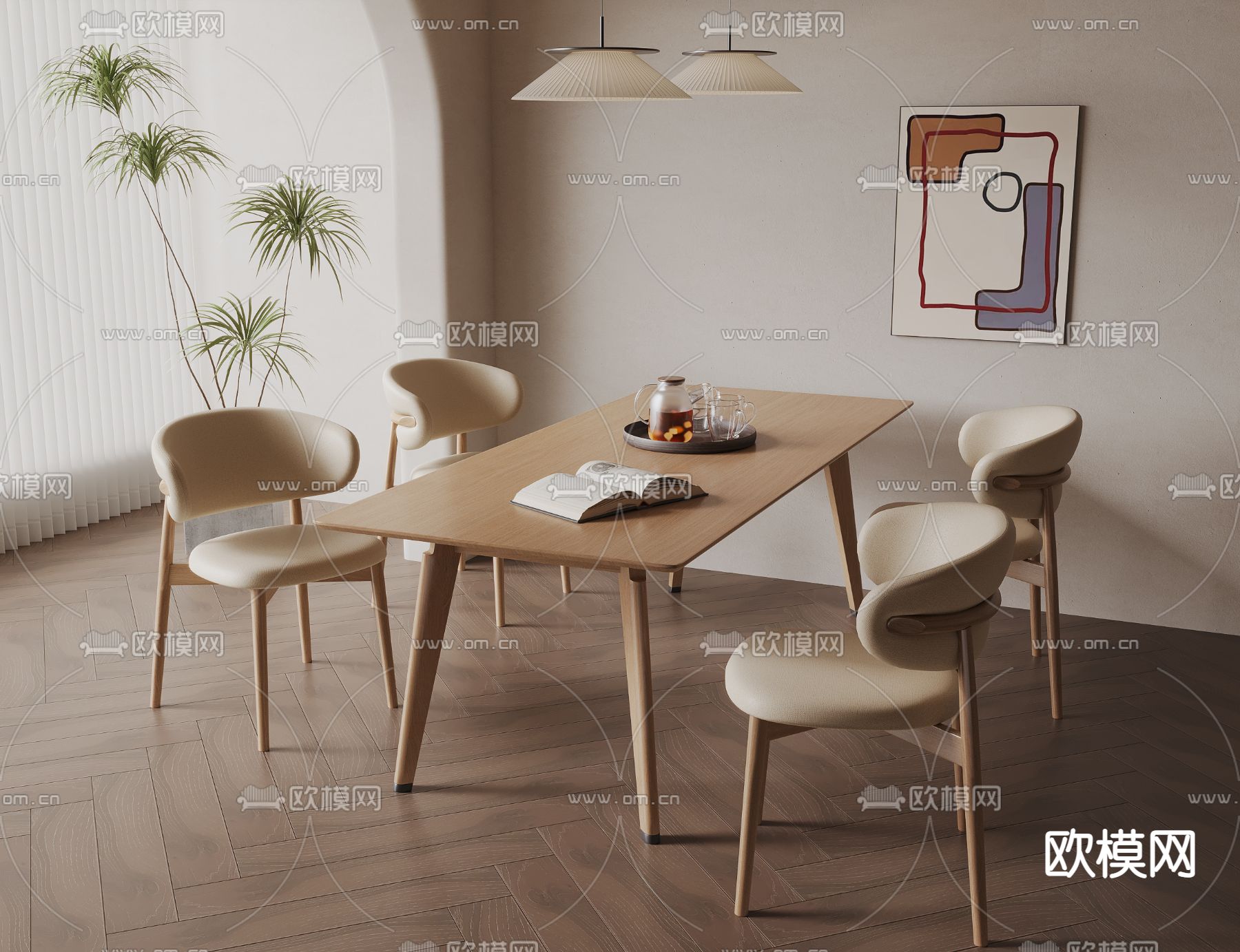 条形餐桌椅3d模型下载