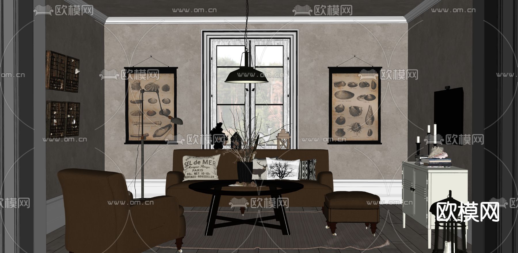 美式客厅su模型下载（渲染图2）