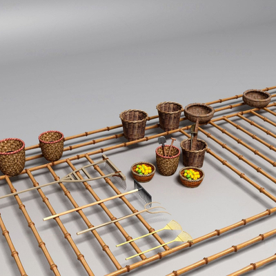  现代竹竿 箩筐 扫把 簸箕su模型 