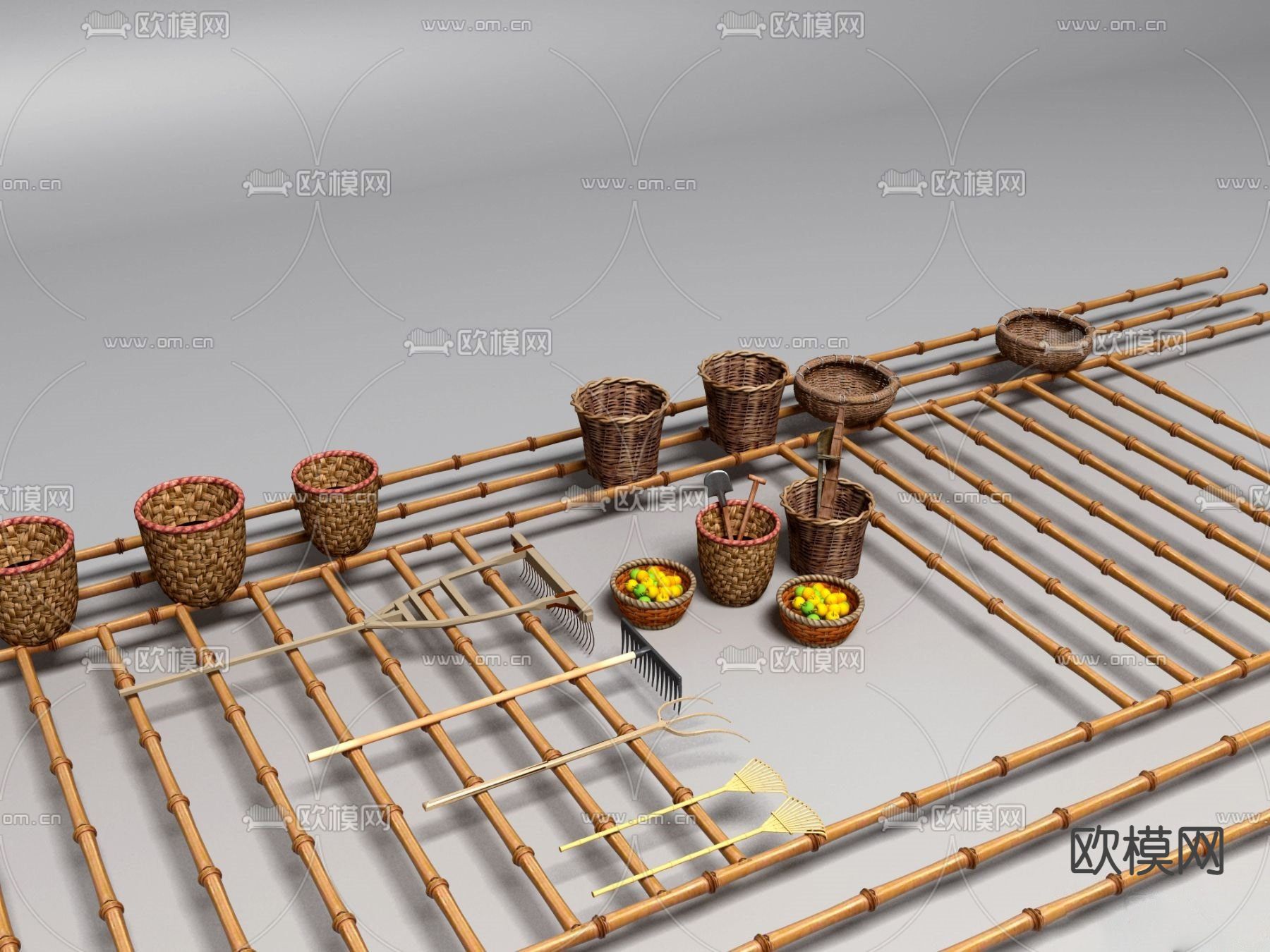 现代竹竿 箩筐 扫把 簸箕su模型下载（渲染图1）