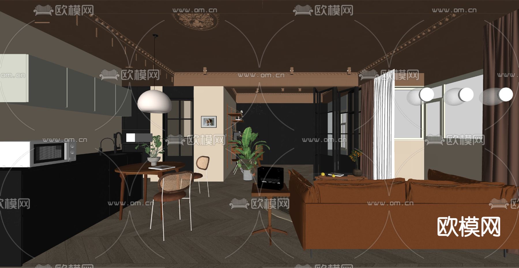 美式客餐厅su模型下载（渲染图2）