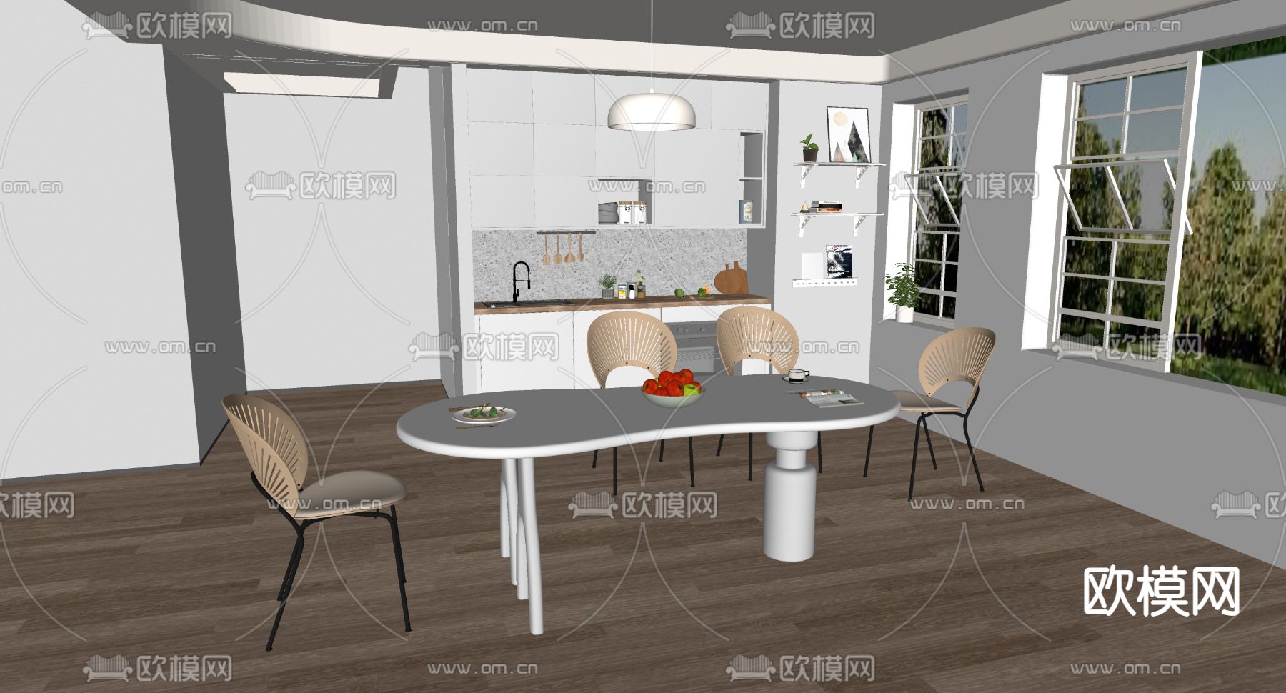 奶油风餐桌椅su模型下载（渲染图2）