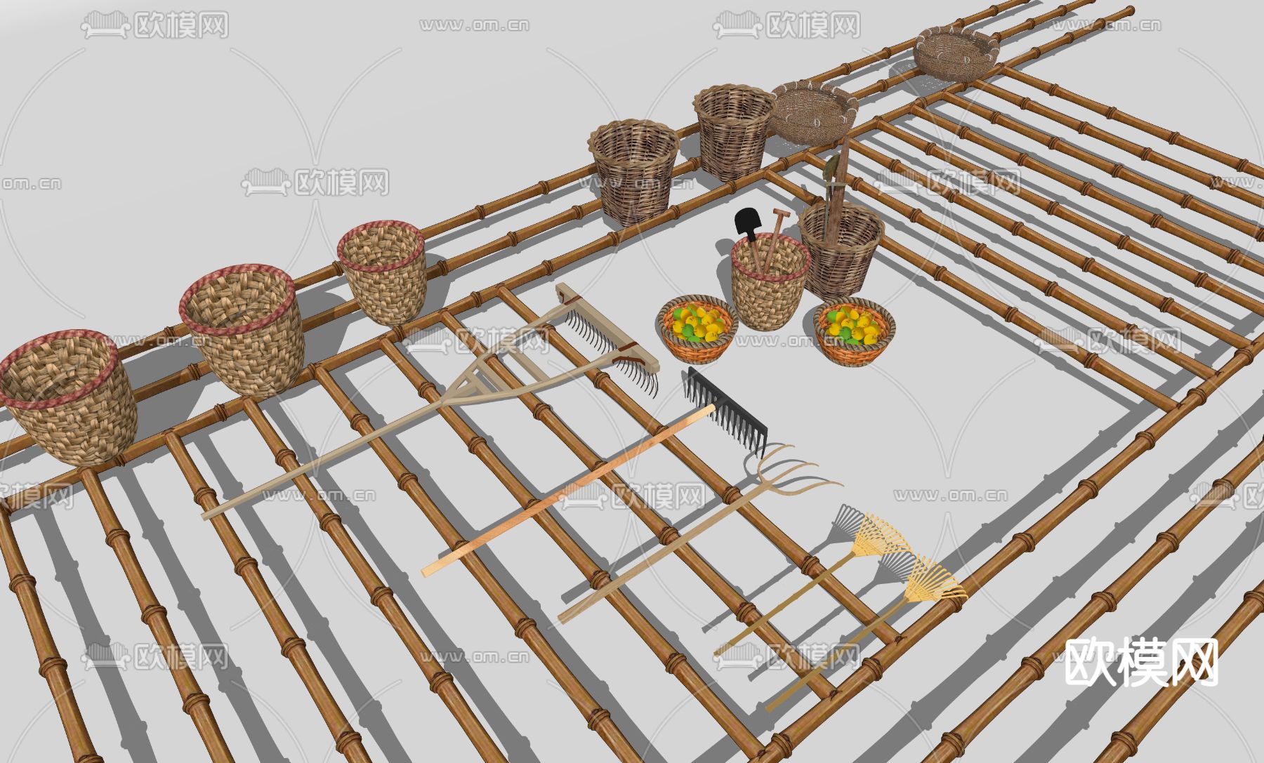 现代竹竿 箩筐 扫把 簸箕su模型下载（渲染图2）