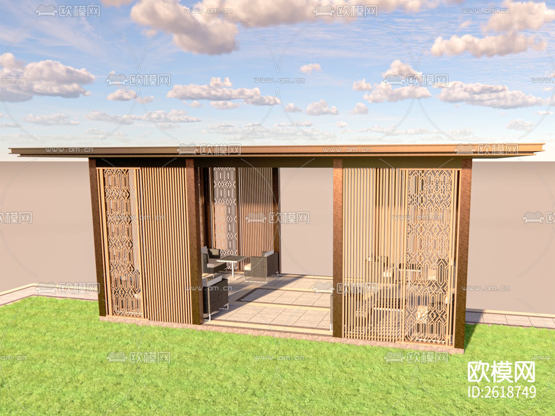 新中式廊架CAD施工图下载（渲染图7）