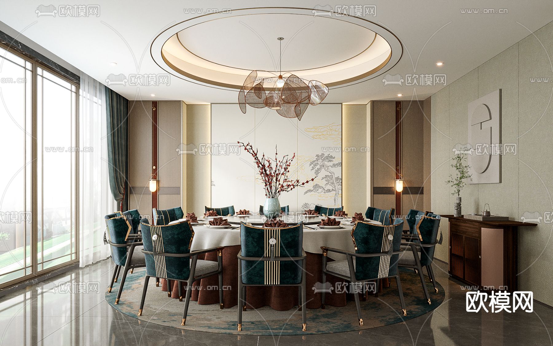 新中式餐厅包厢su模型下载（渲染图1）
