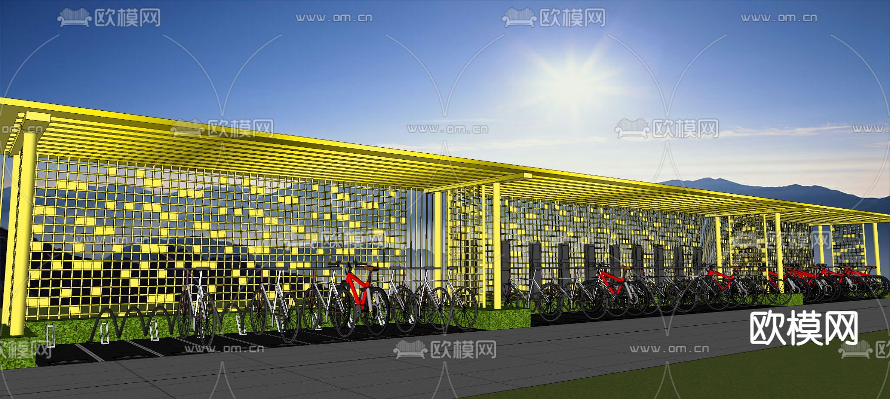 自行车棚 停车场su模型下载（渲染图3）