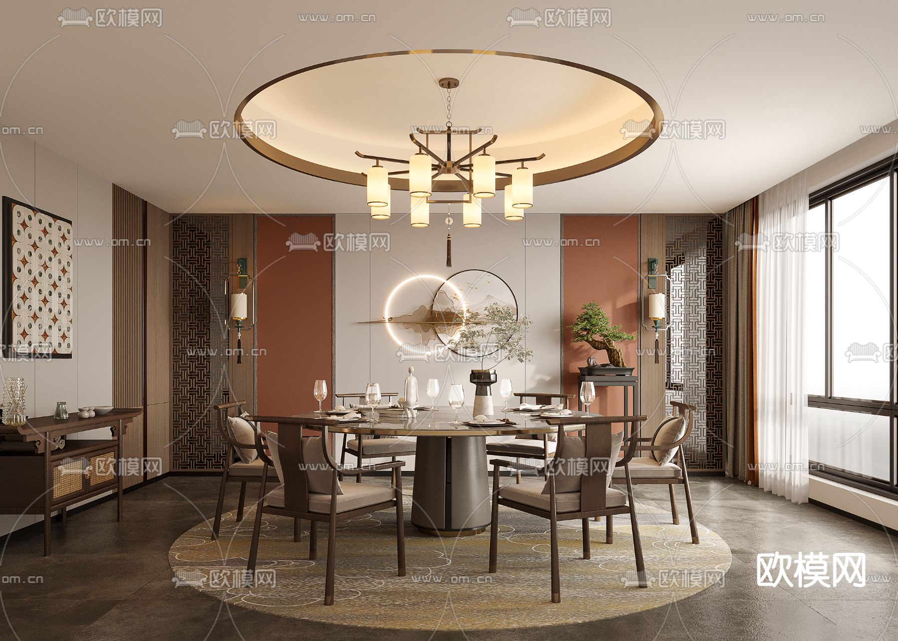 新中式餐厅包房su模型下载（渲染图1）