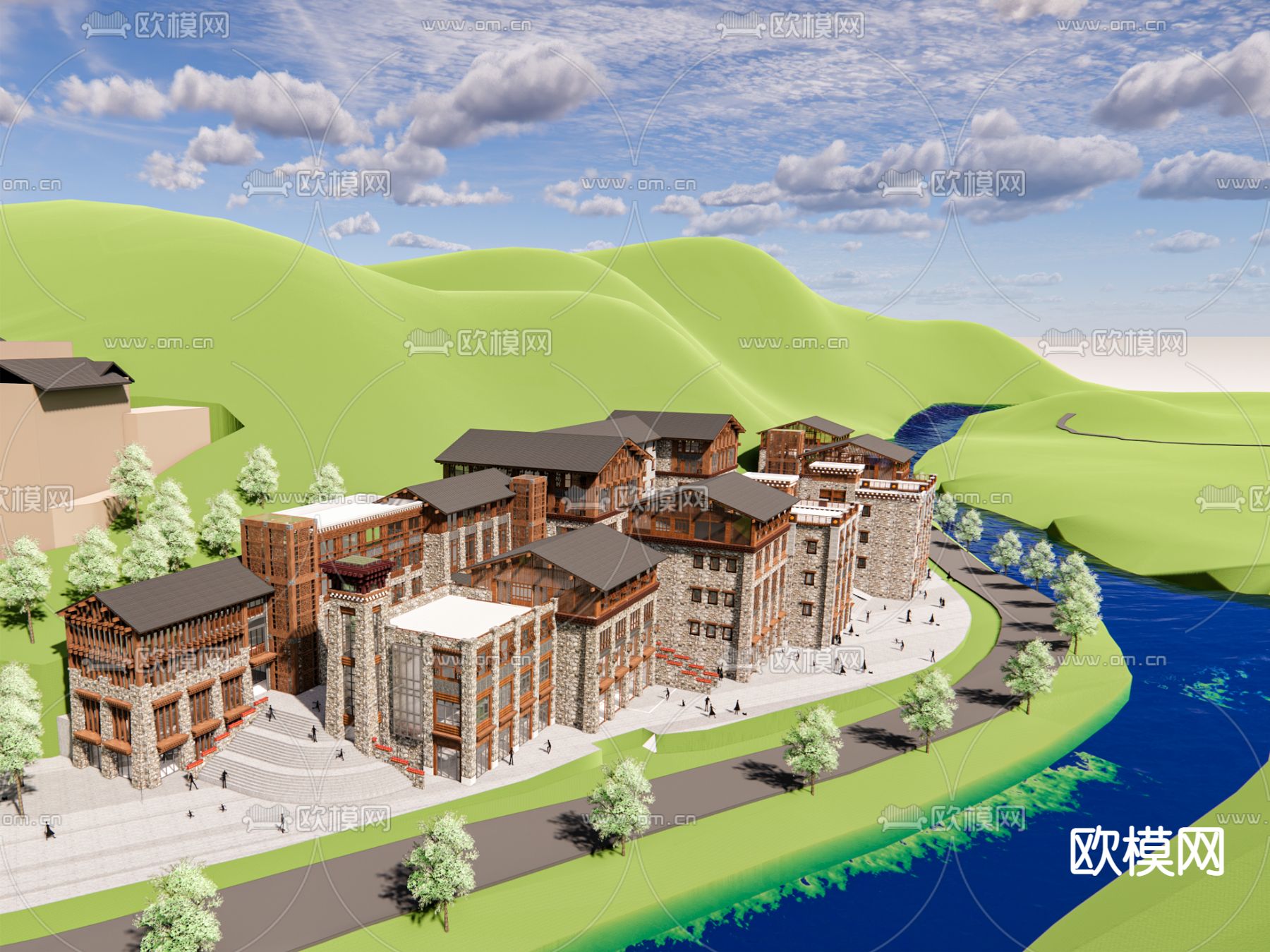 藏式商业街 鸟瞰su模型下载（渲染图1）