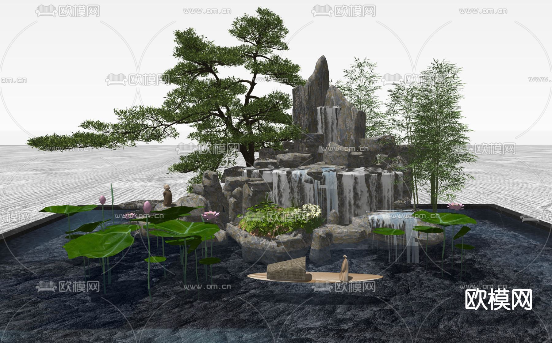 假山跌水 莲池 园艺小品su模型
