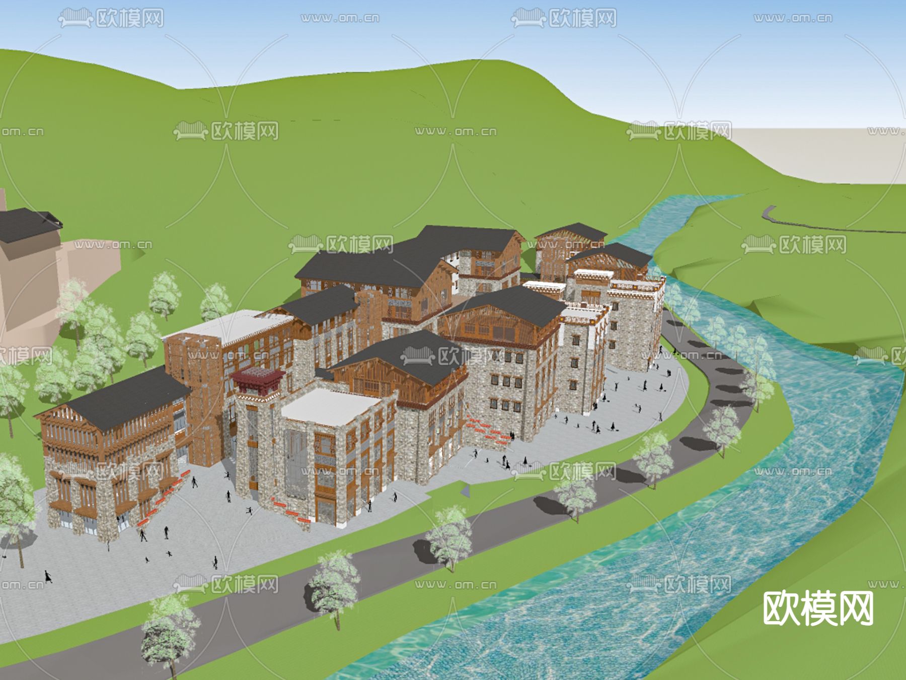 藏式商业街 鸟瞰su模型下载（渲染图2）