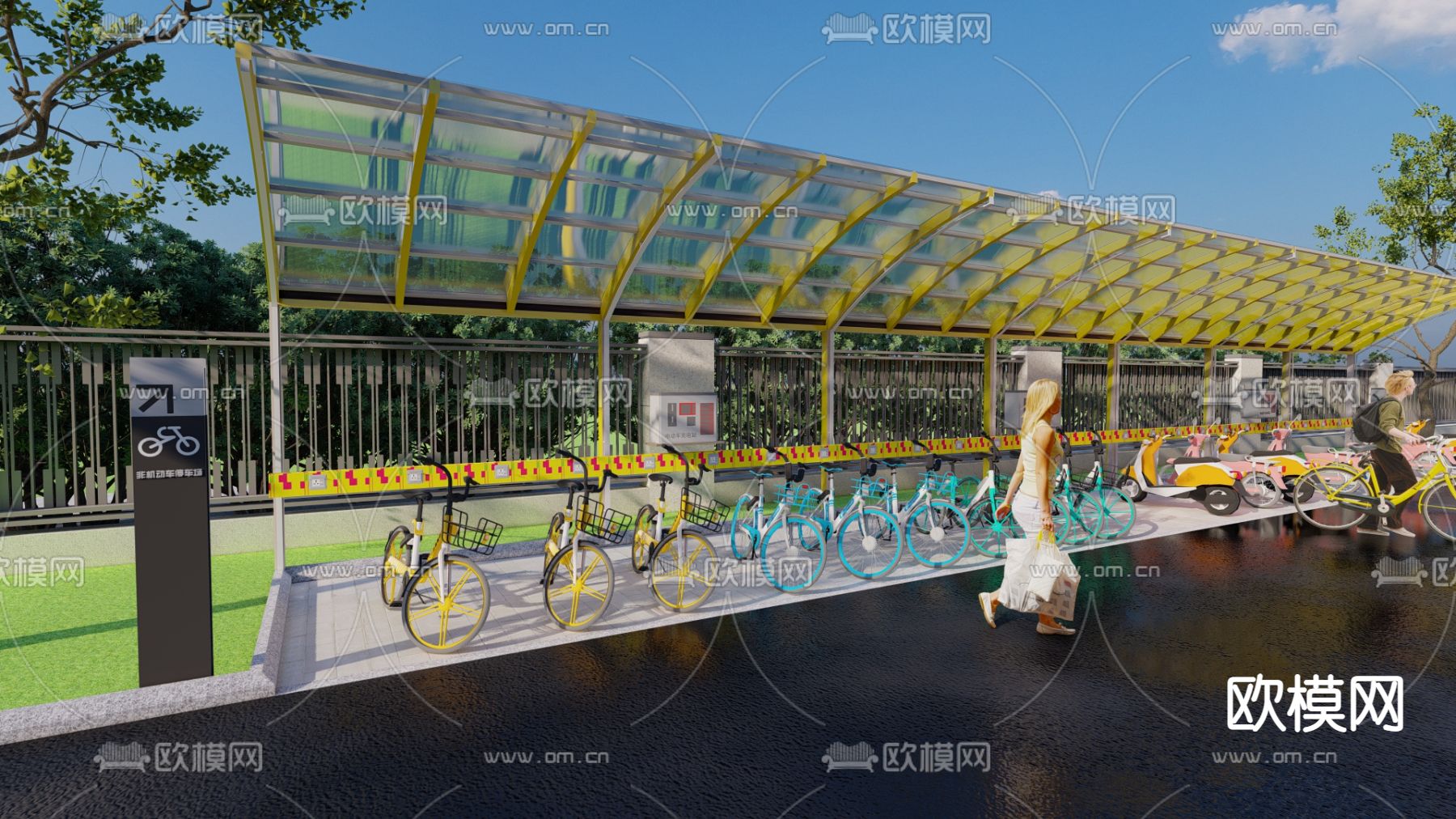 自行车棚 停车场su模型下载（渲染图2）