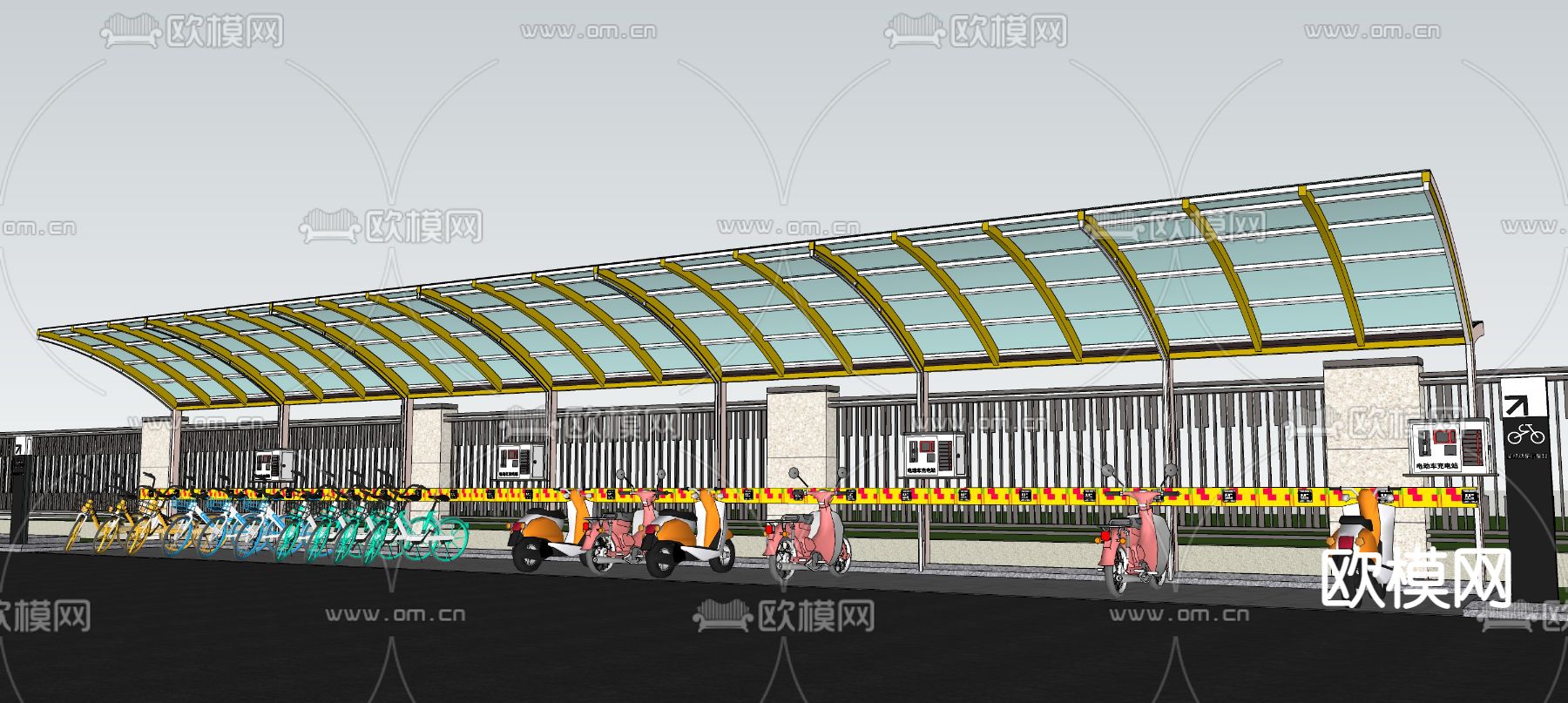 自行车棚 停车场su模型下载（渲染图3）