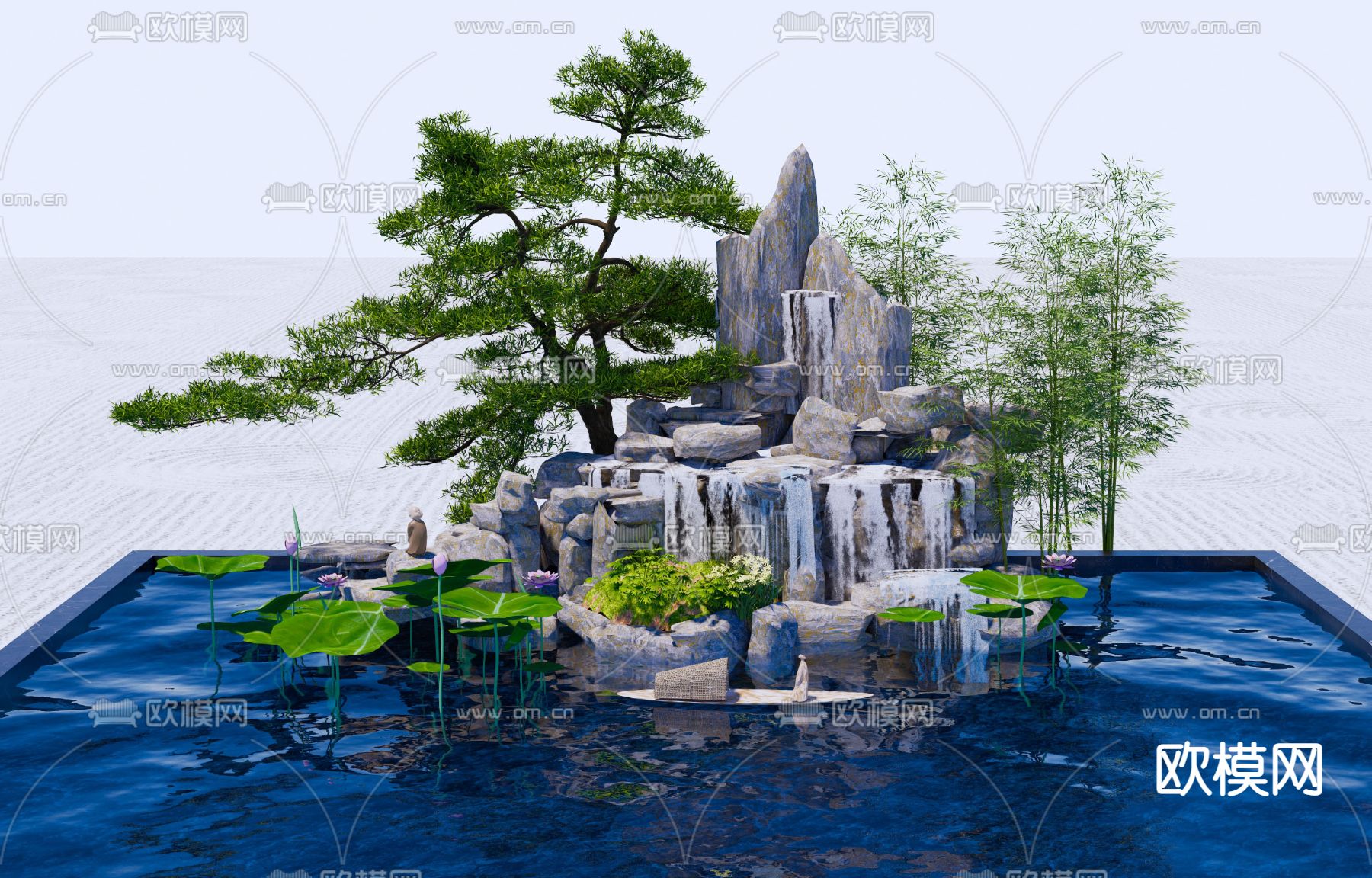 假山跌水 莲池 园艺小品su模型