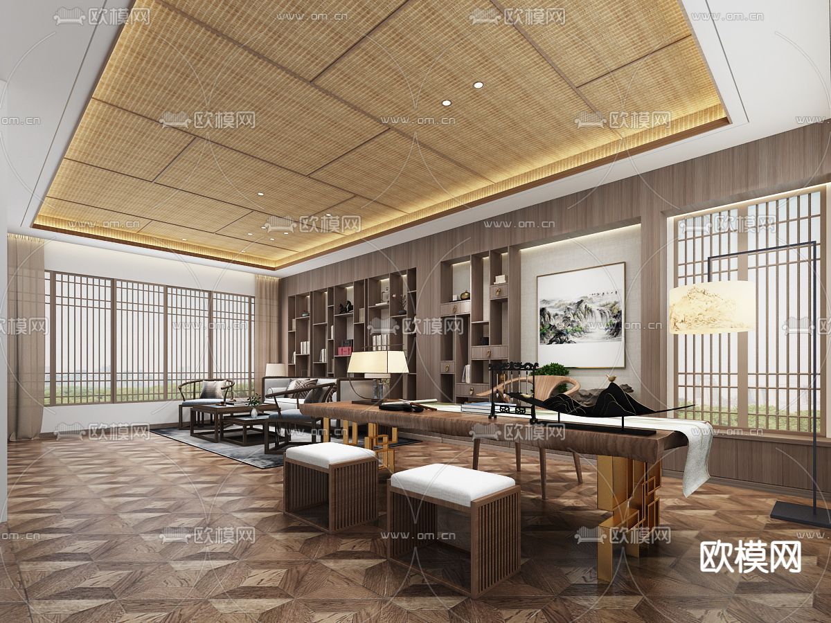 新中式办公室免费3d模型下载