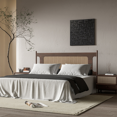 新中式藤编双人床su模型