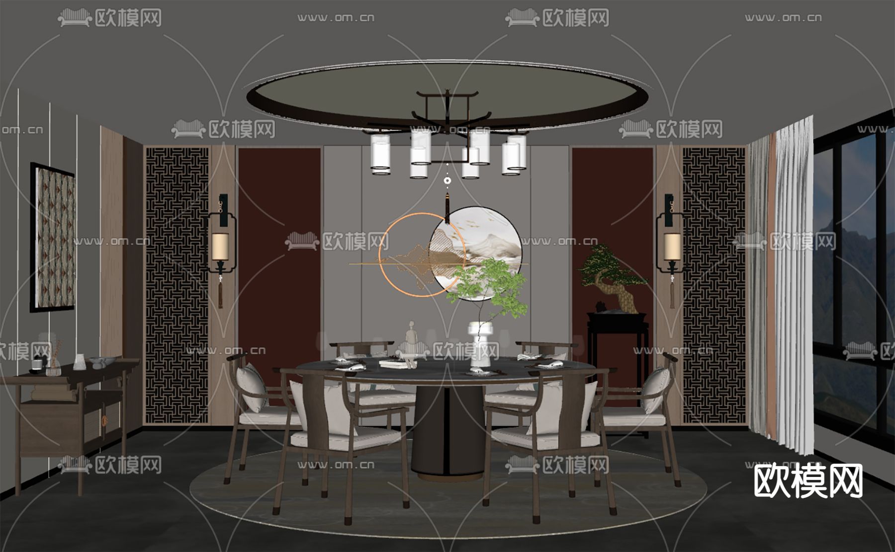 新中式餐厅包房su模型下载（渲染图2）