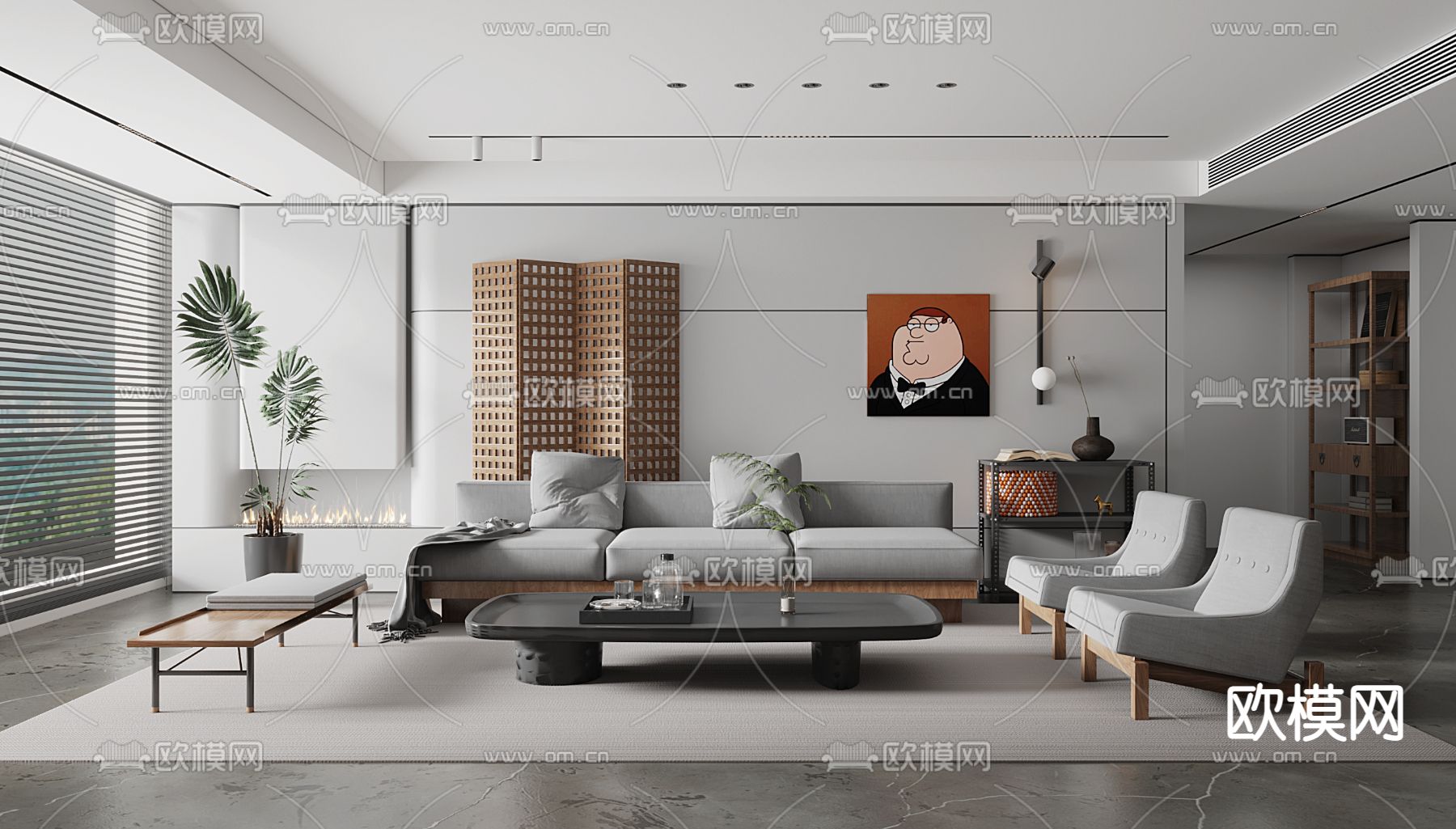 高级灰客厅3d模型下载