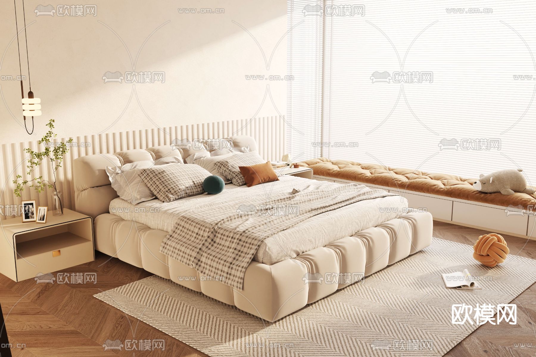 奶油风双人床3d模型下载