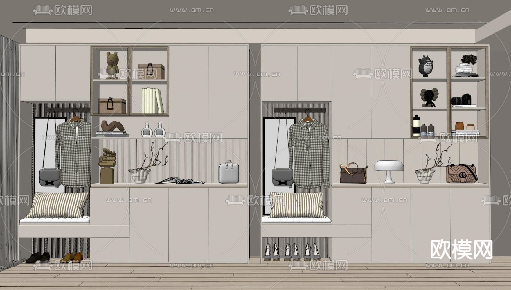 奶油风鞋柜 鞋帽柜su模型下载（渲染图2）