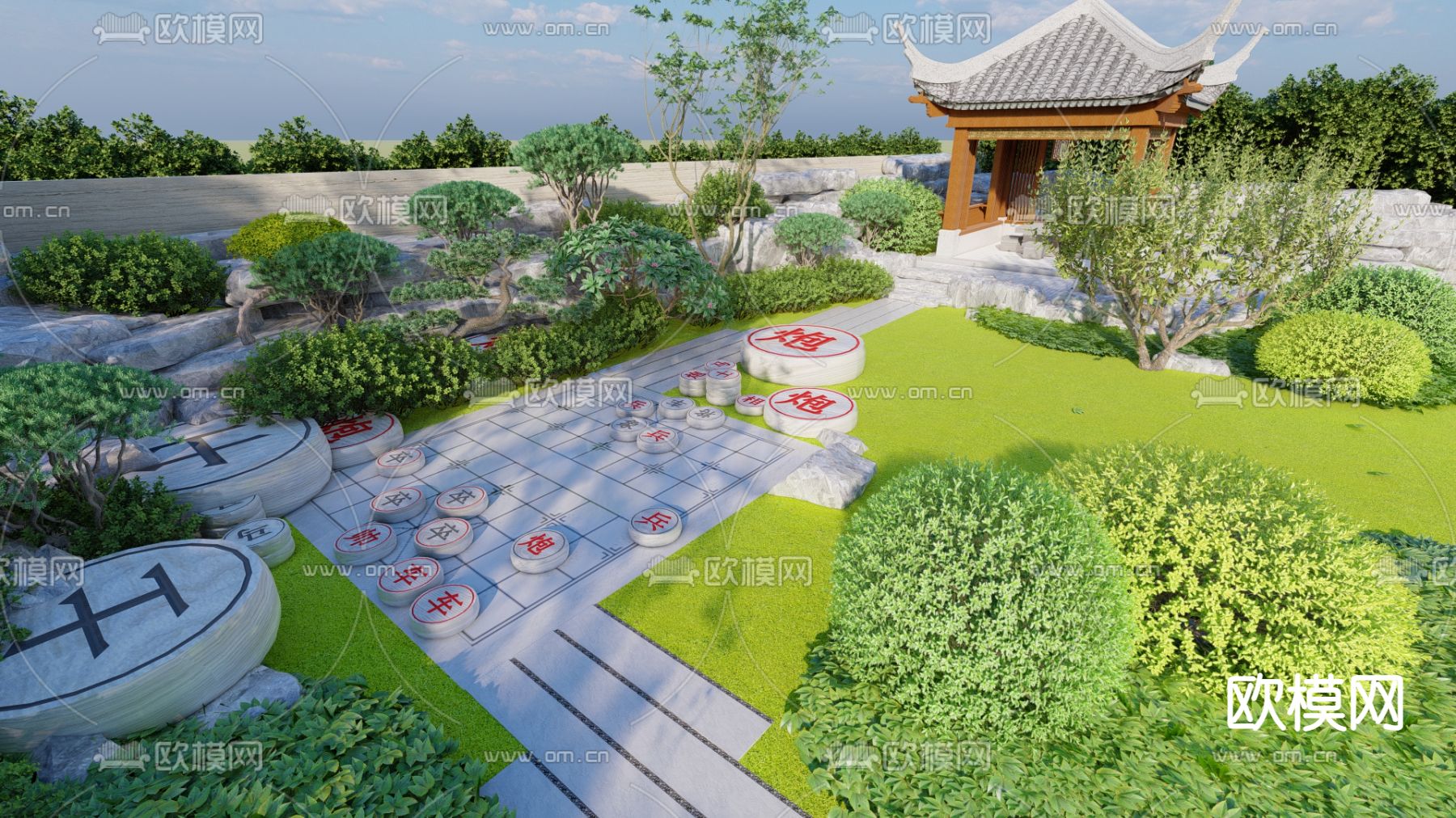 中式园林 假山叠水su模型下载（渲染图2）