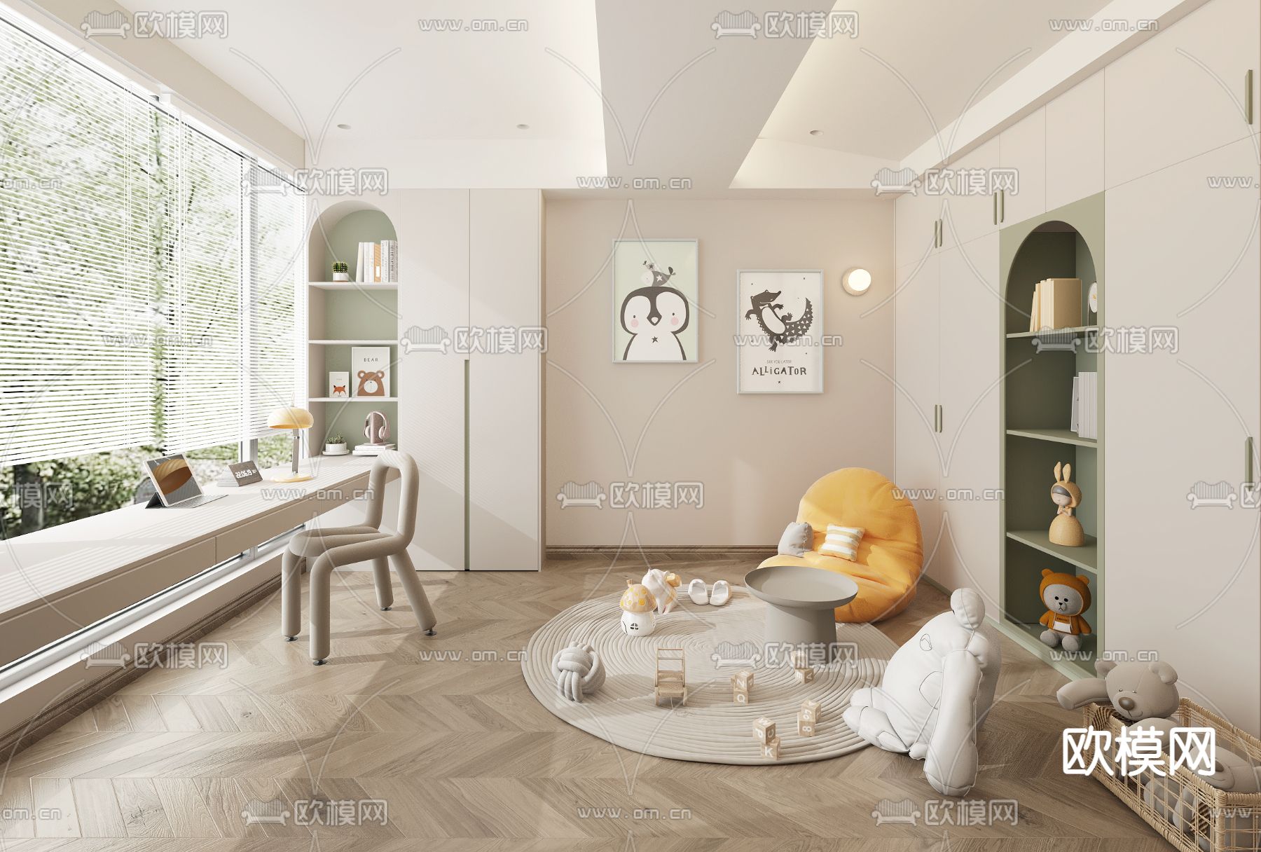 奶油风小孩房 男孩房 儿童房3d模型下载_ID14071488_3dmax免费模型-欧模网