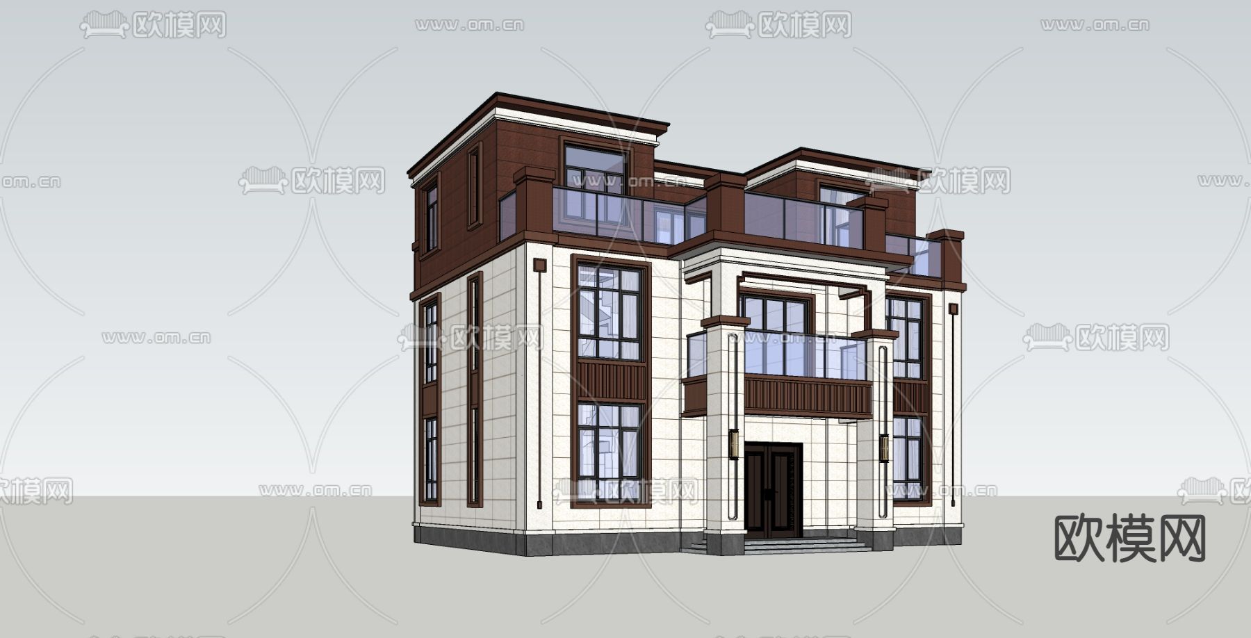 新中式别墅 外观su模型下载（渲染图3）