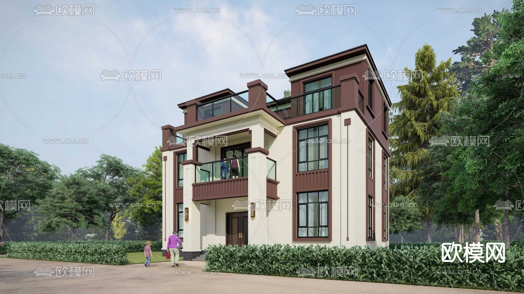 新中式别墅 外观su模型下载（渲染图1）