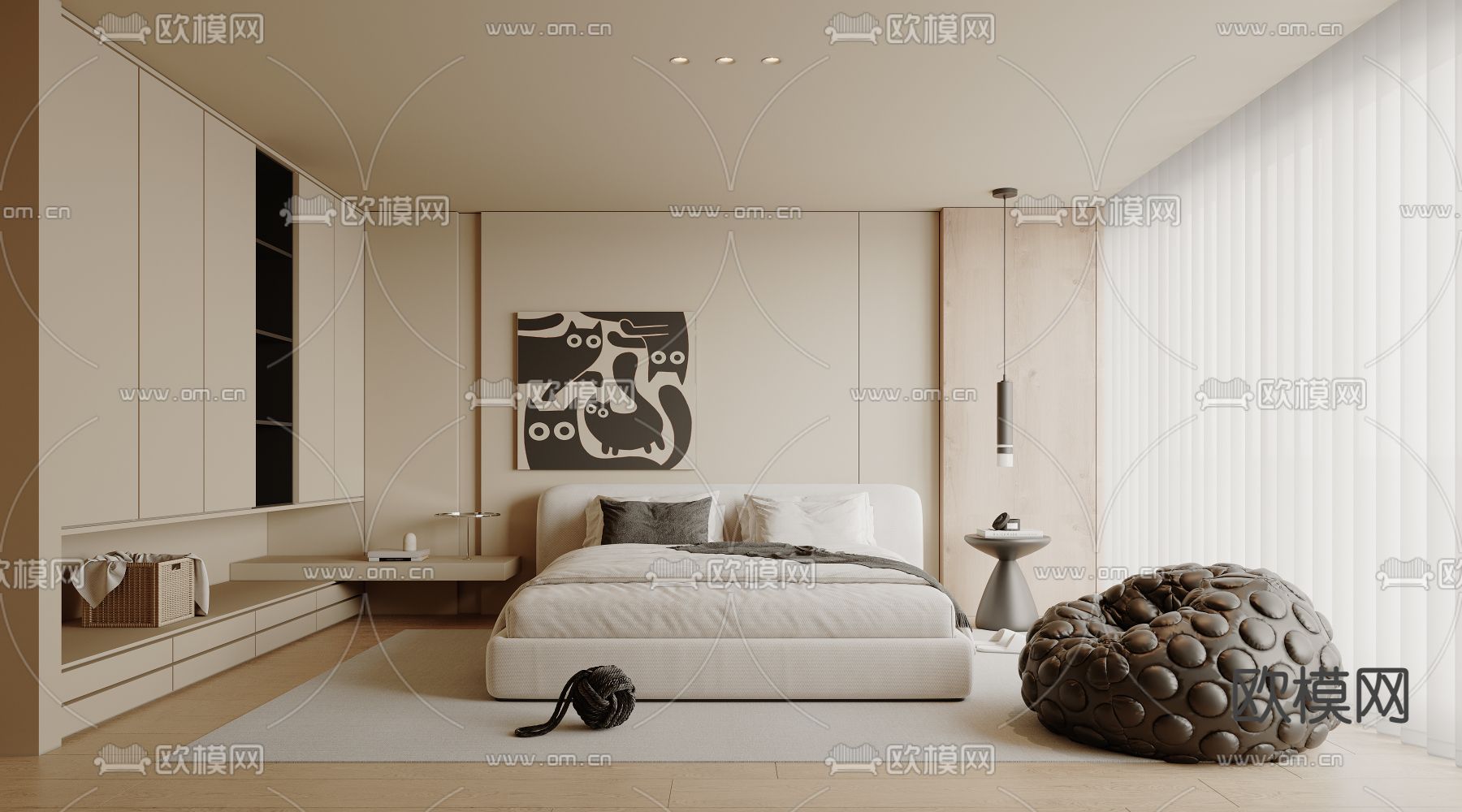 奶油风卧室 主卧su模型下载（渲染图1）