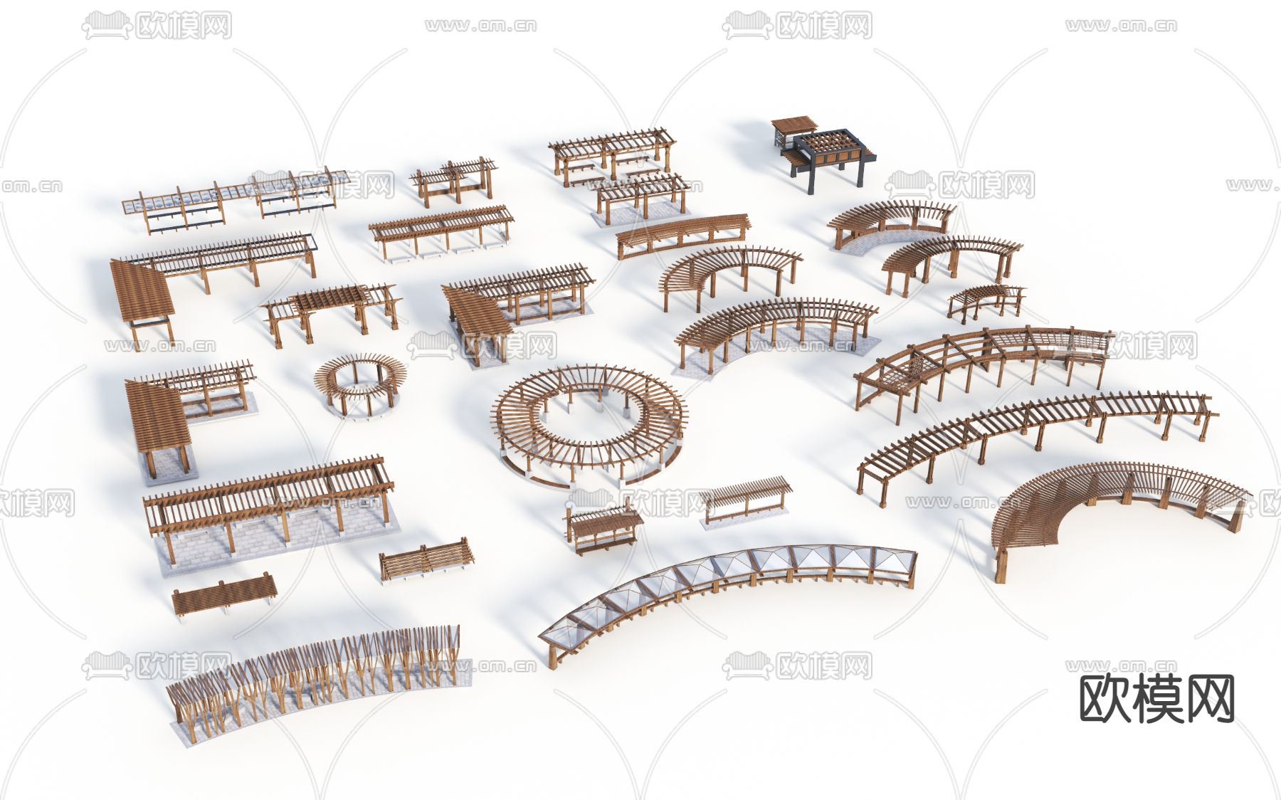 中式弧形廊架 景观长廊3d模型下载