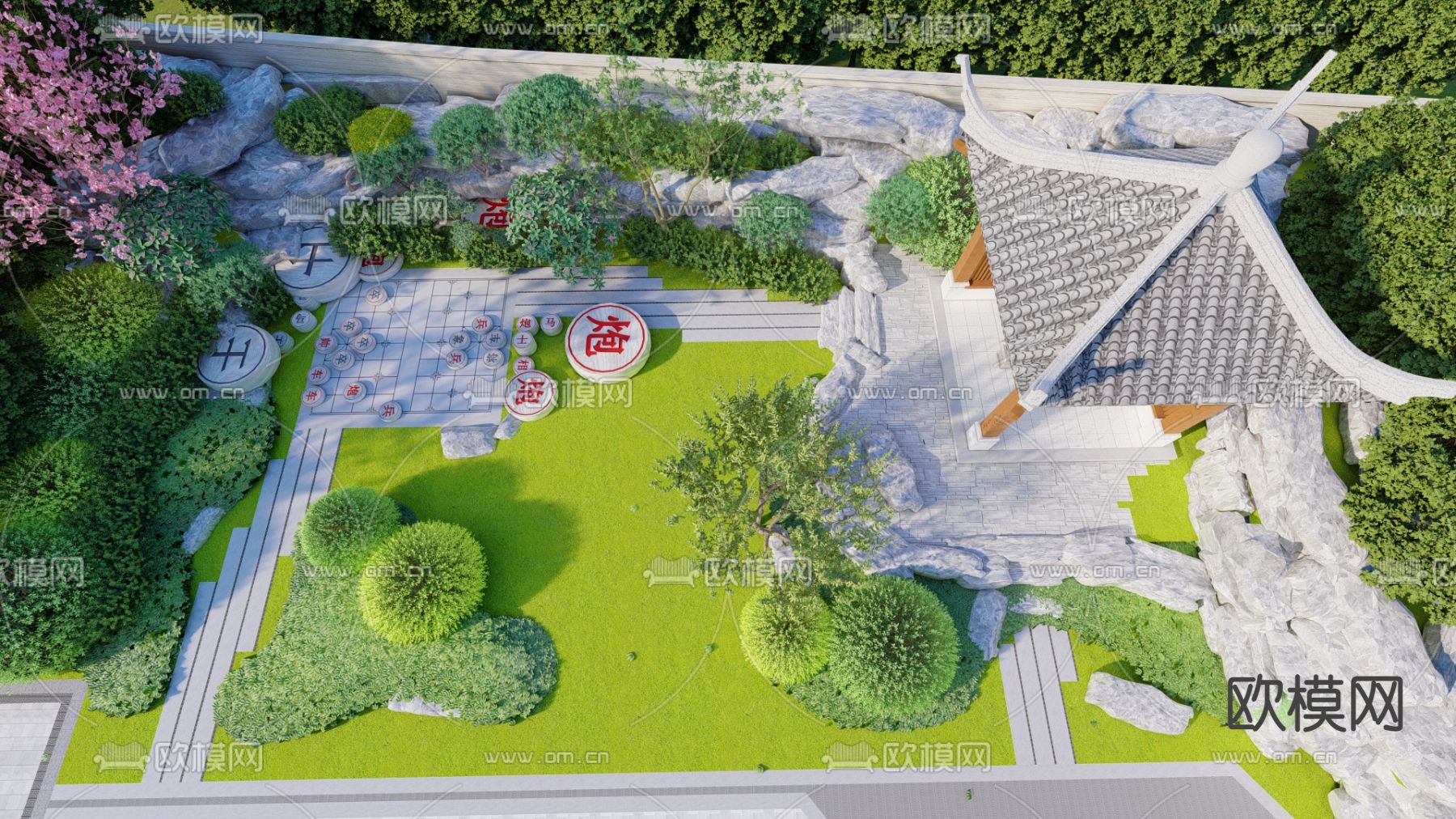 中式园林 假山叠水su模型下载（渲染图1）