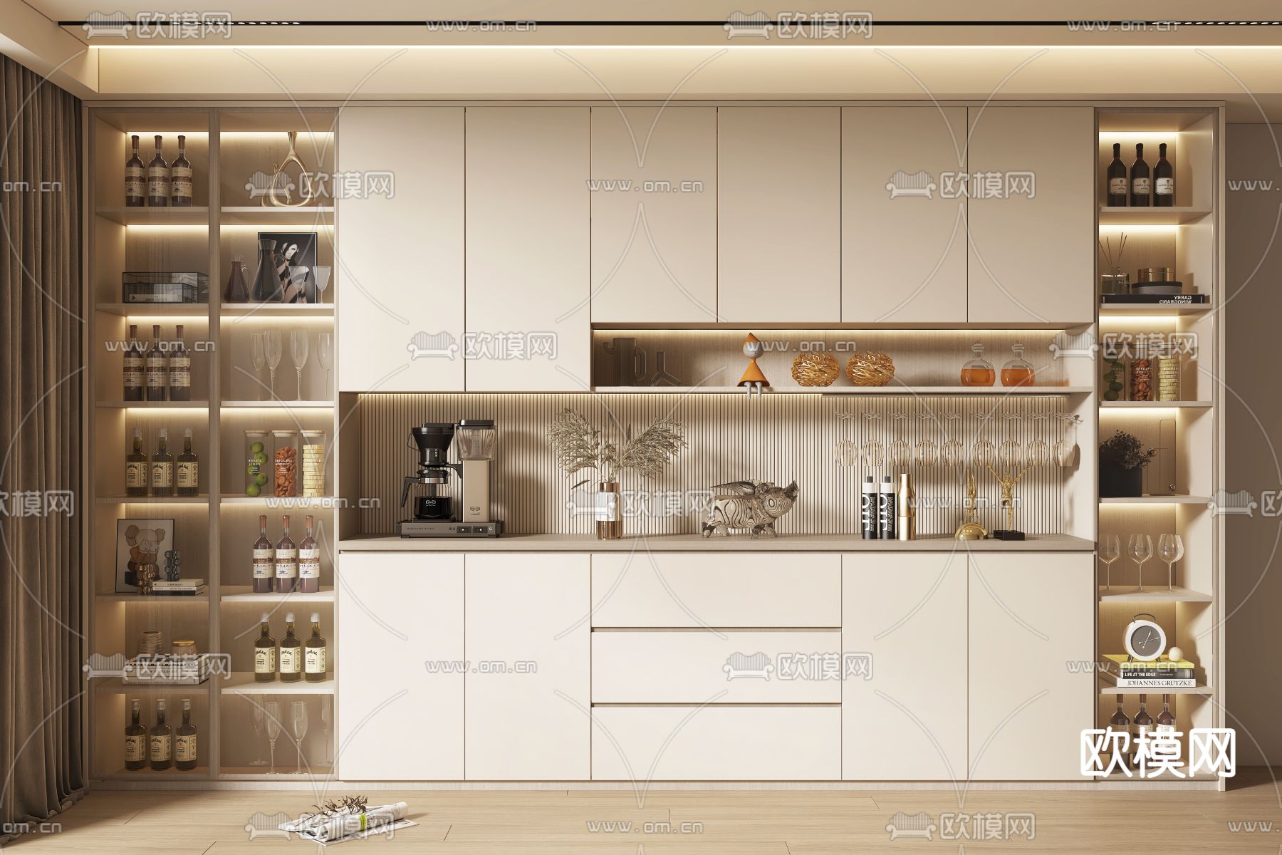 奶油风酒柜3d模型下载