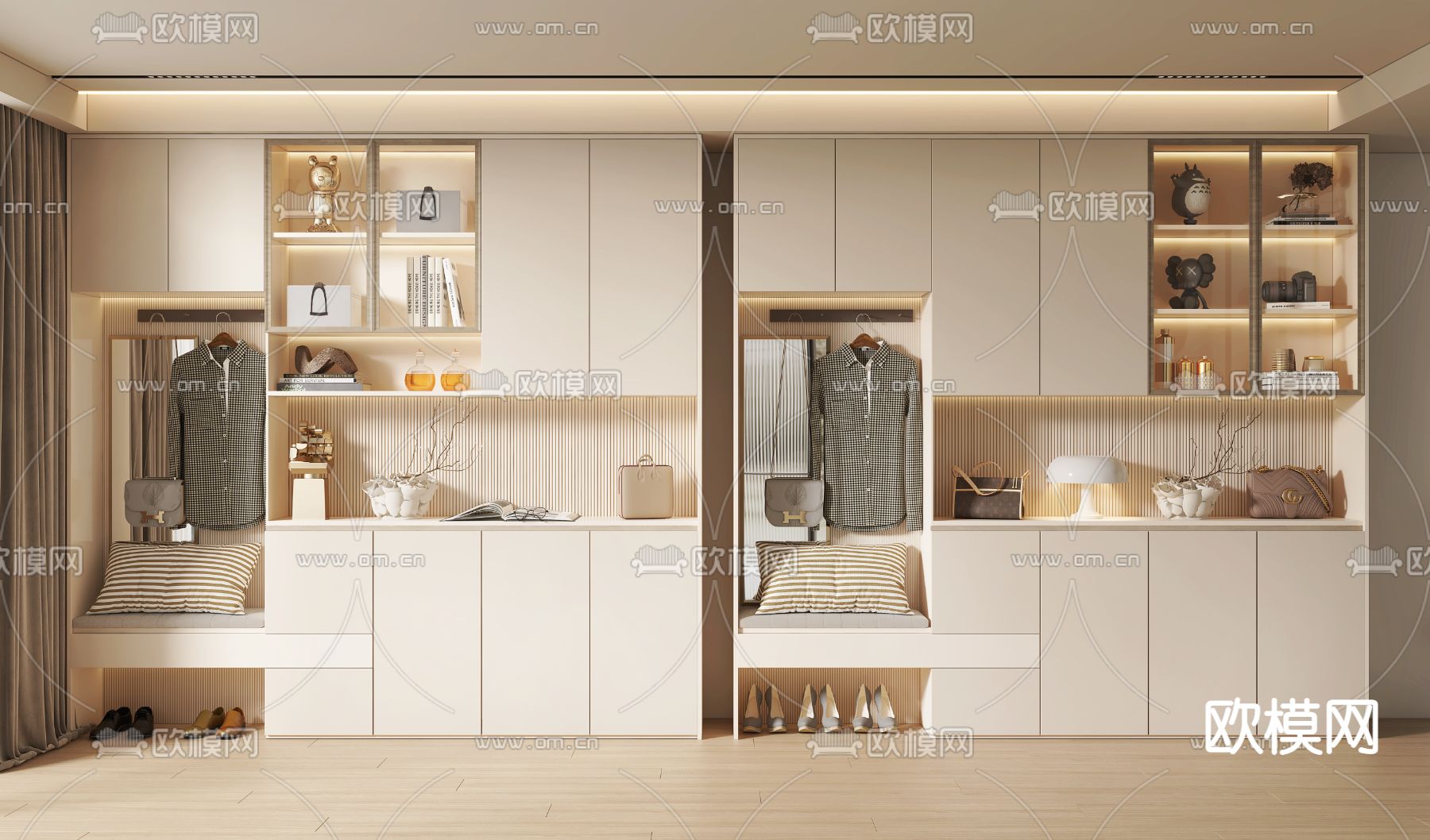 奶油风鞋柜 鞋帽柜su模型下载（渲染图1）