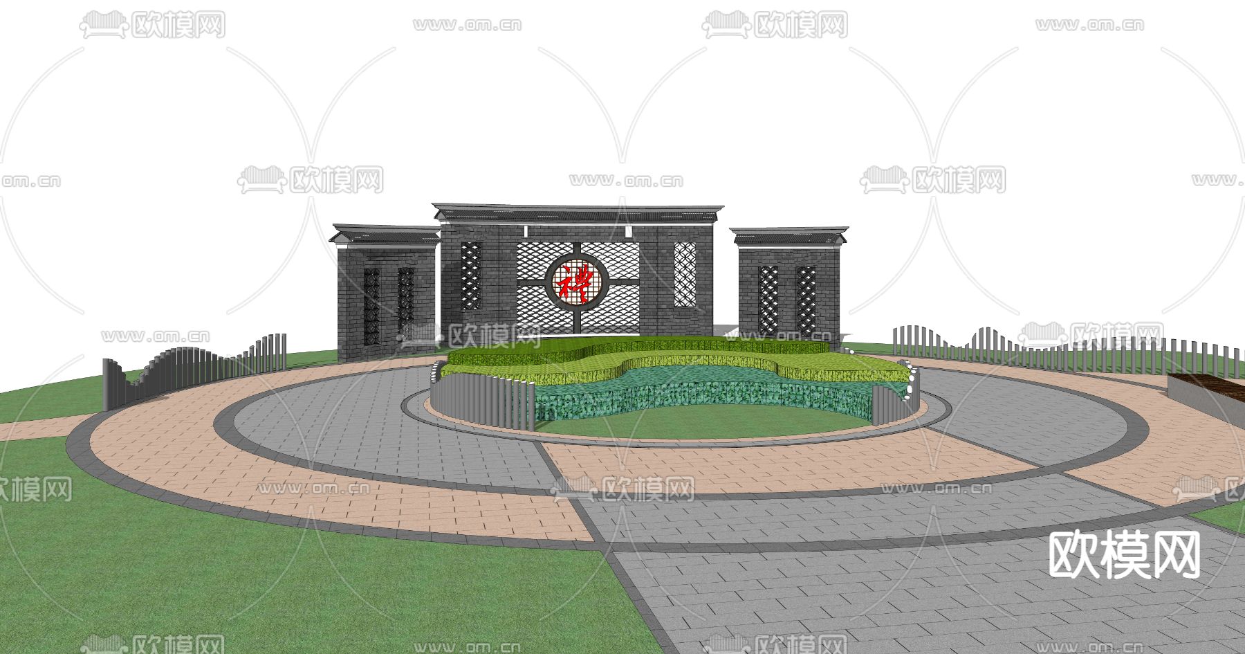新中式景墙 乡村广场su模型下载（渲染图2）