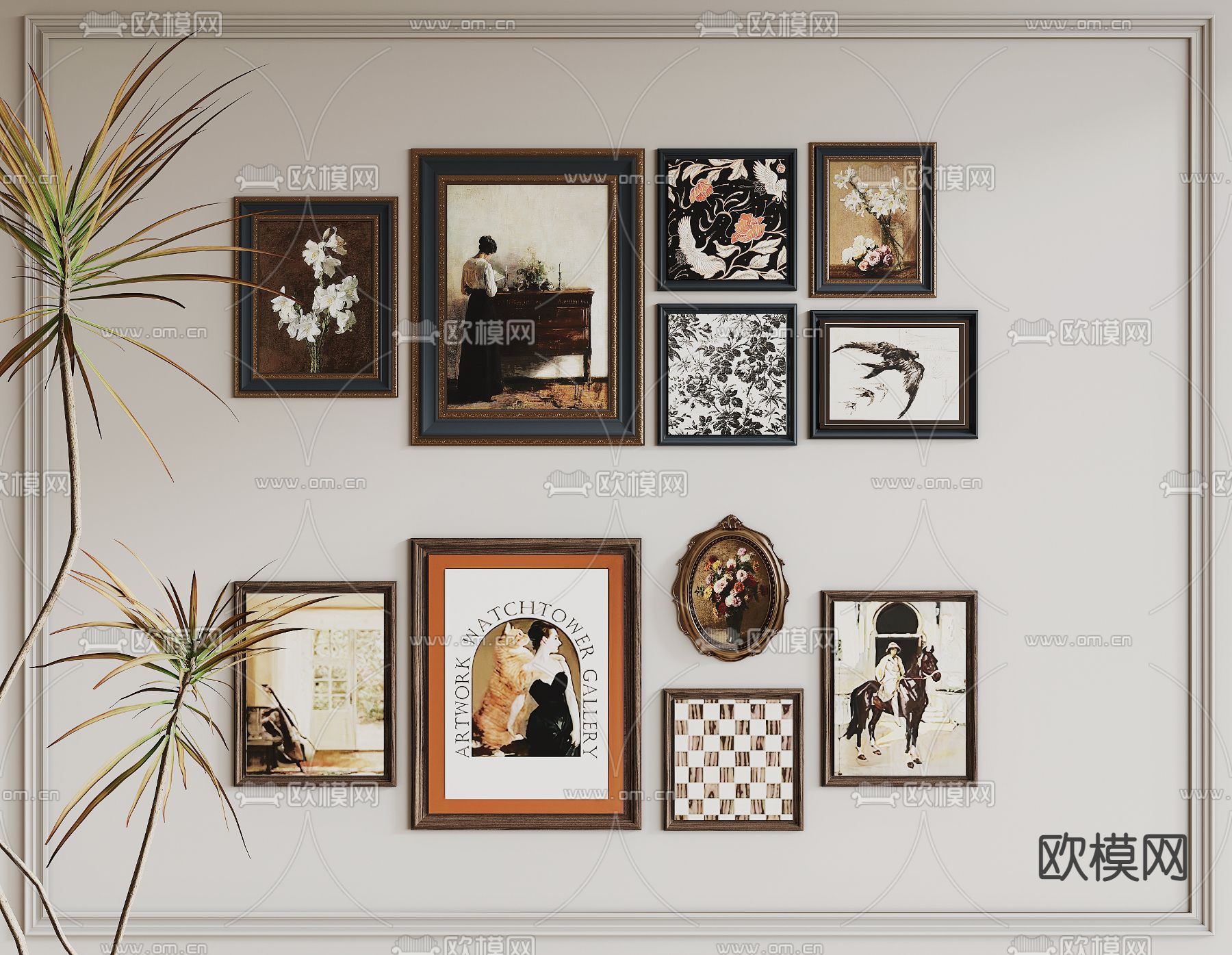 美式装饰画 油画 组合画3d模型下载