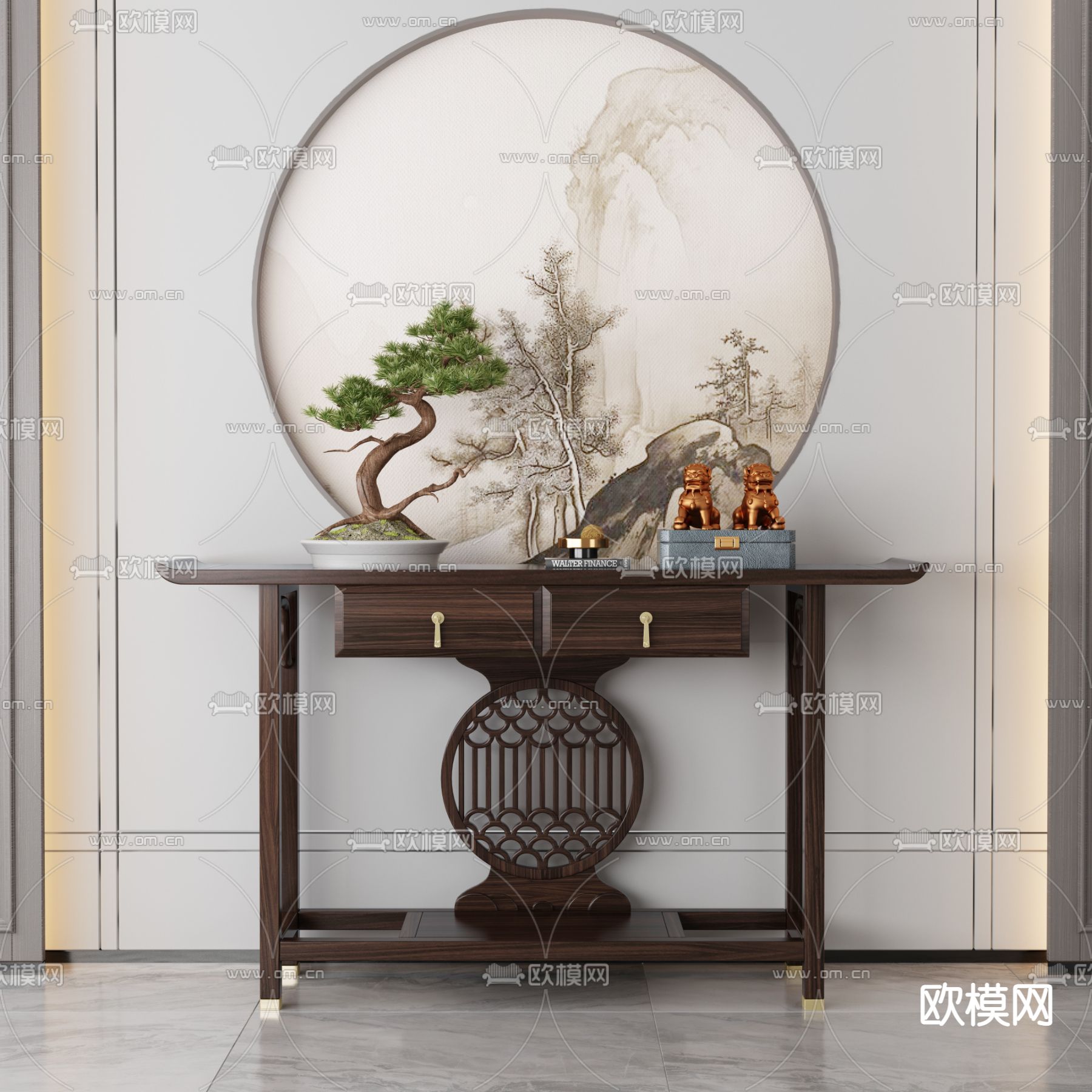 新中式端景柜 条案3d模型下载（渲染图1）