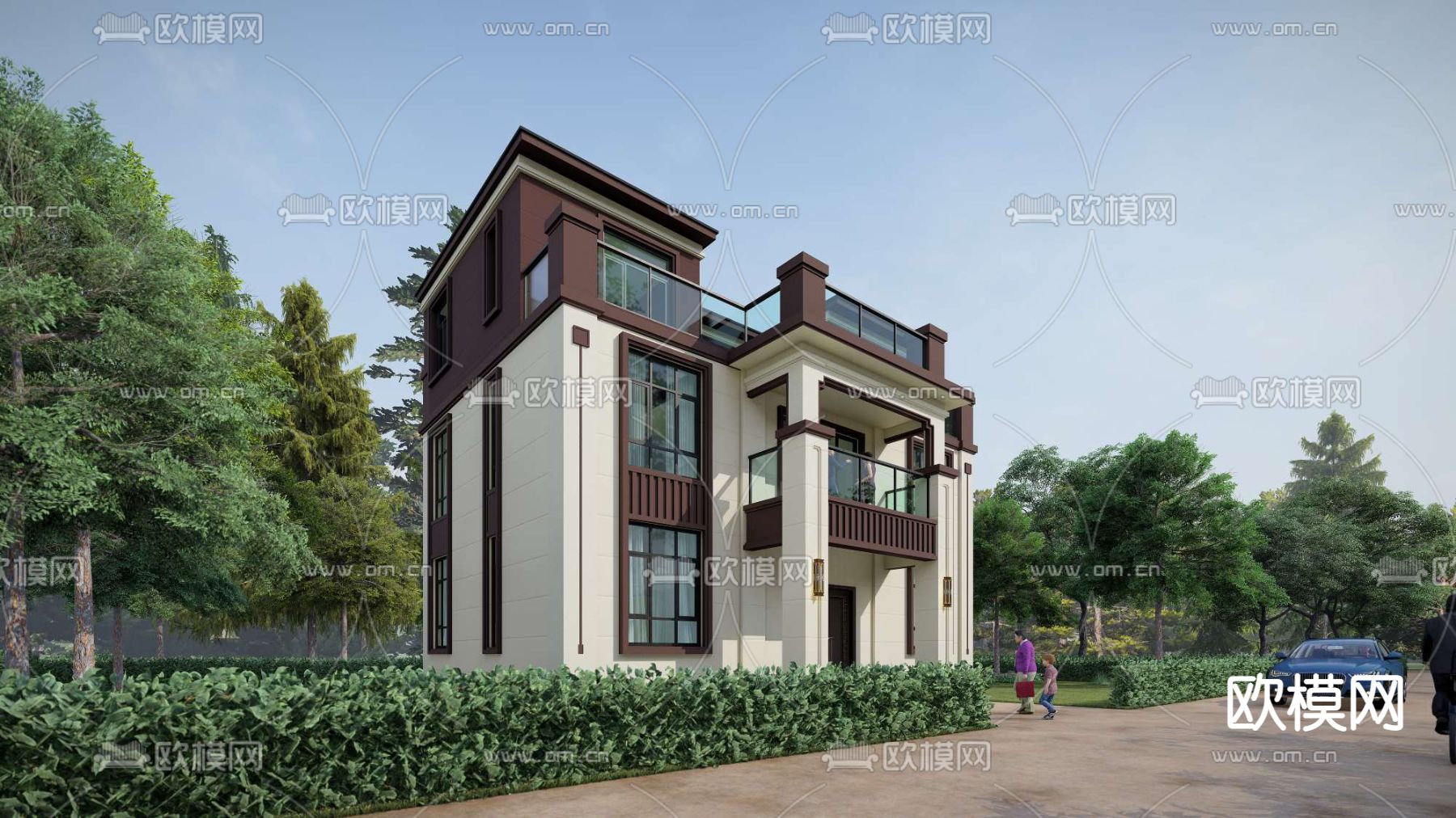 新中式别墅 外观su模型下载（渲染图2）