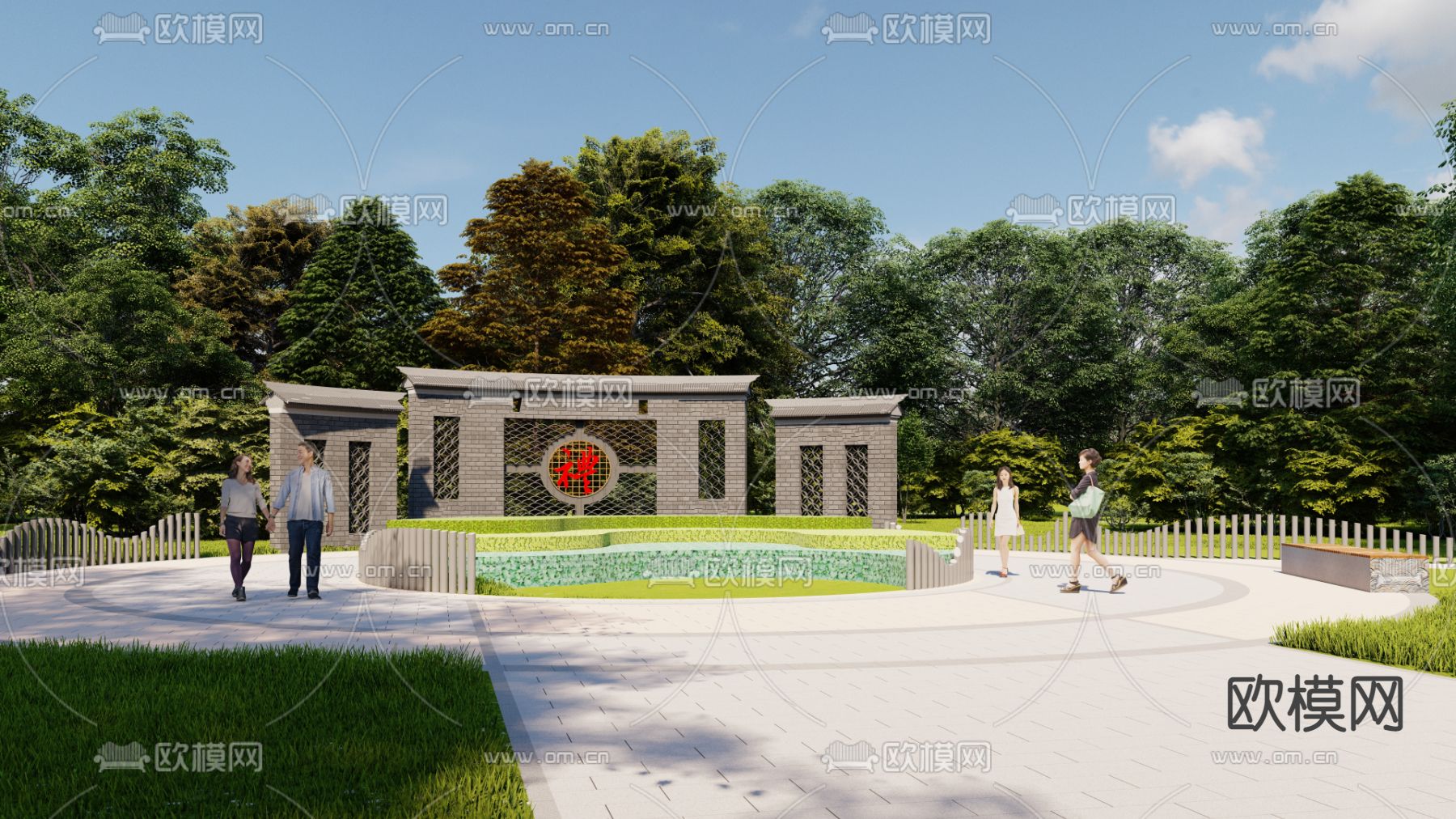 新中式景墙 乡村广场su模型下载（渲染图1）