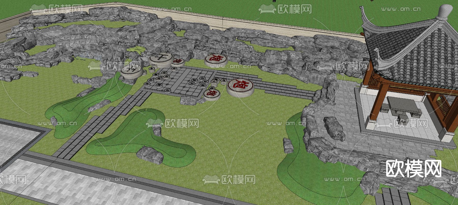中式园林 假山叠水su模型下载（渲染图3）