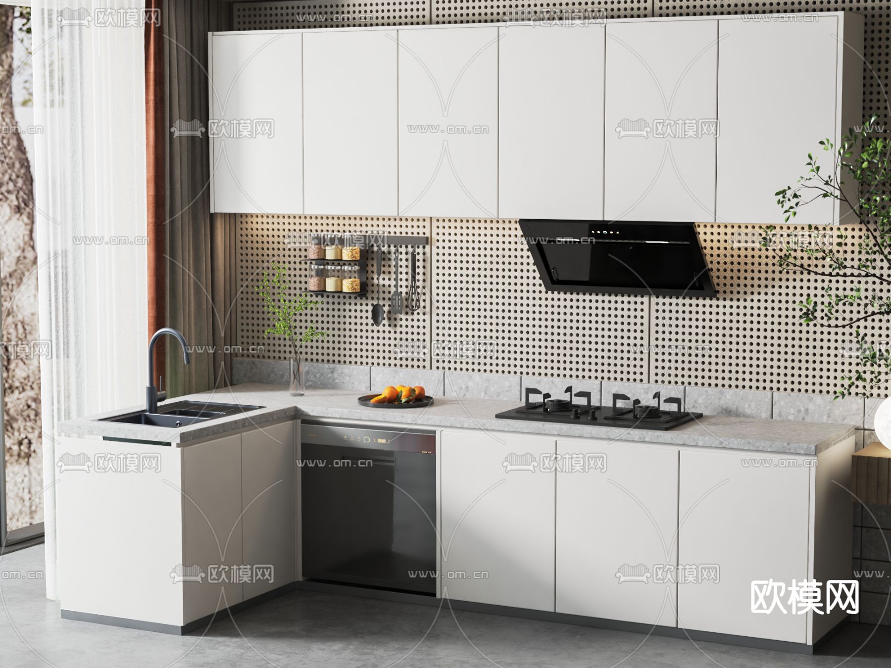 转角橱柜 吊柜su模型下载（渲染图1）