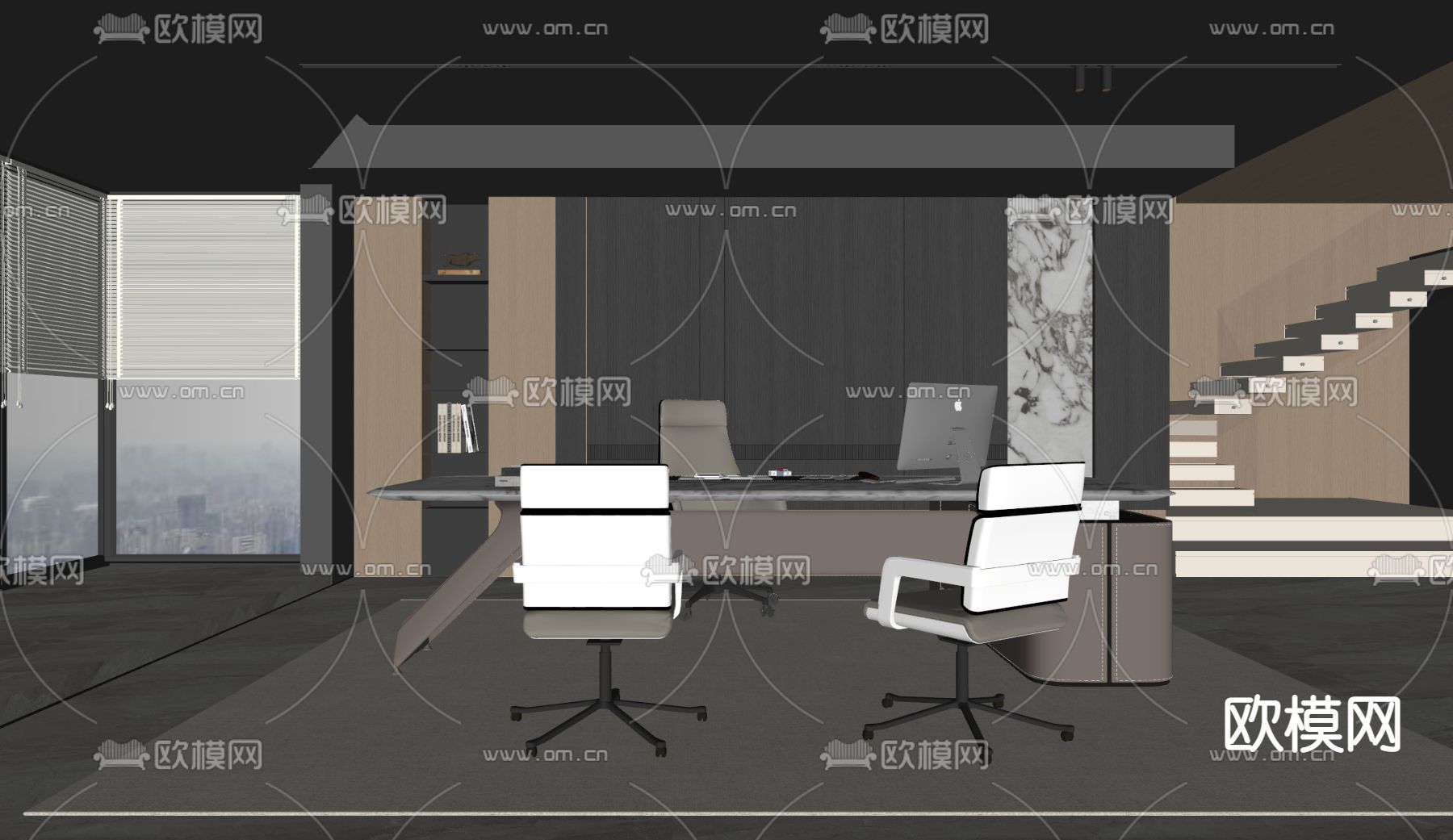 班台桌 老板桌 办公桌su模型下载（渲染图2）