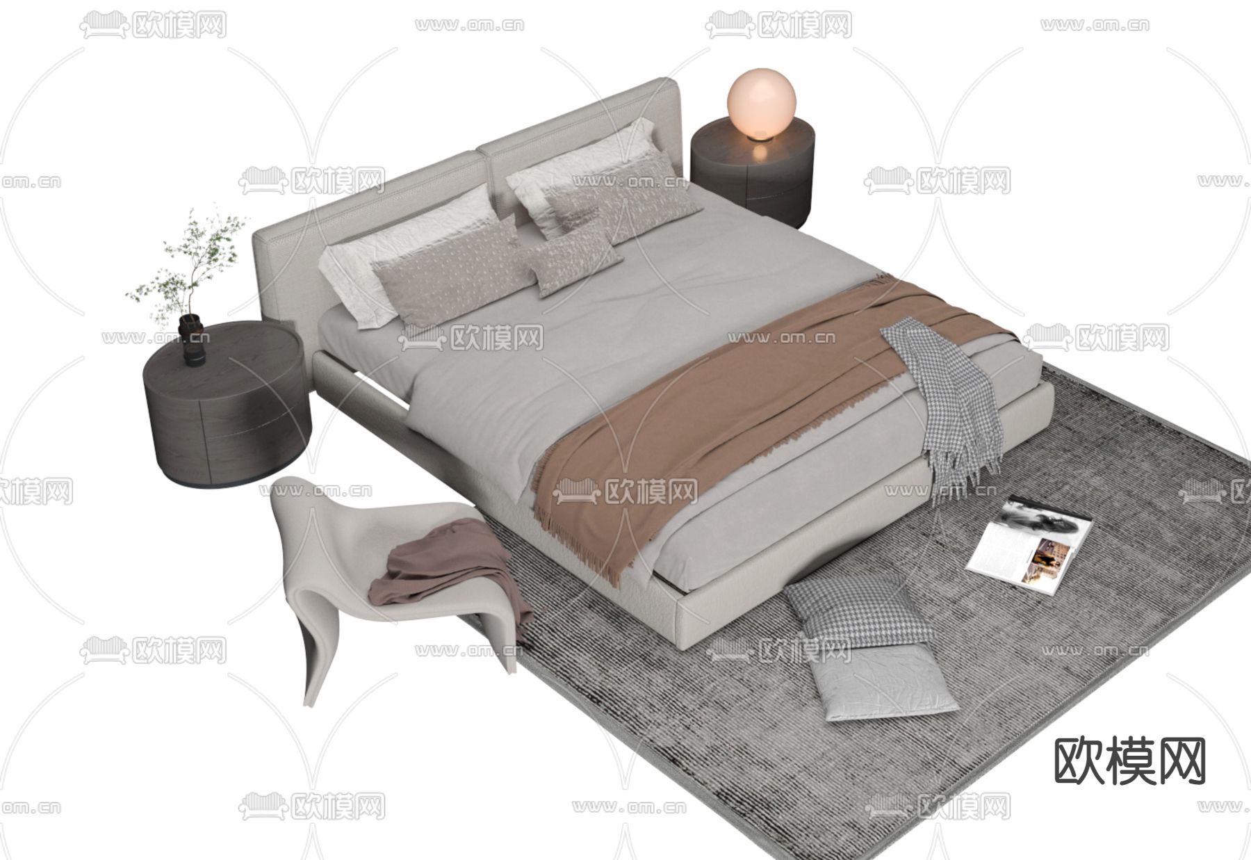 高级灰双人床3d模型下载（渲染图2）