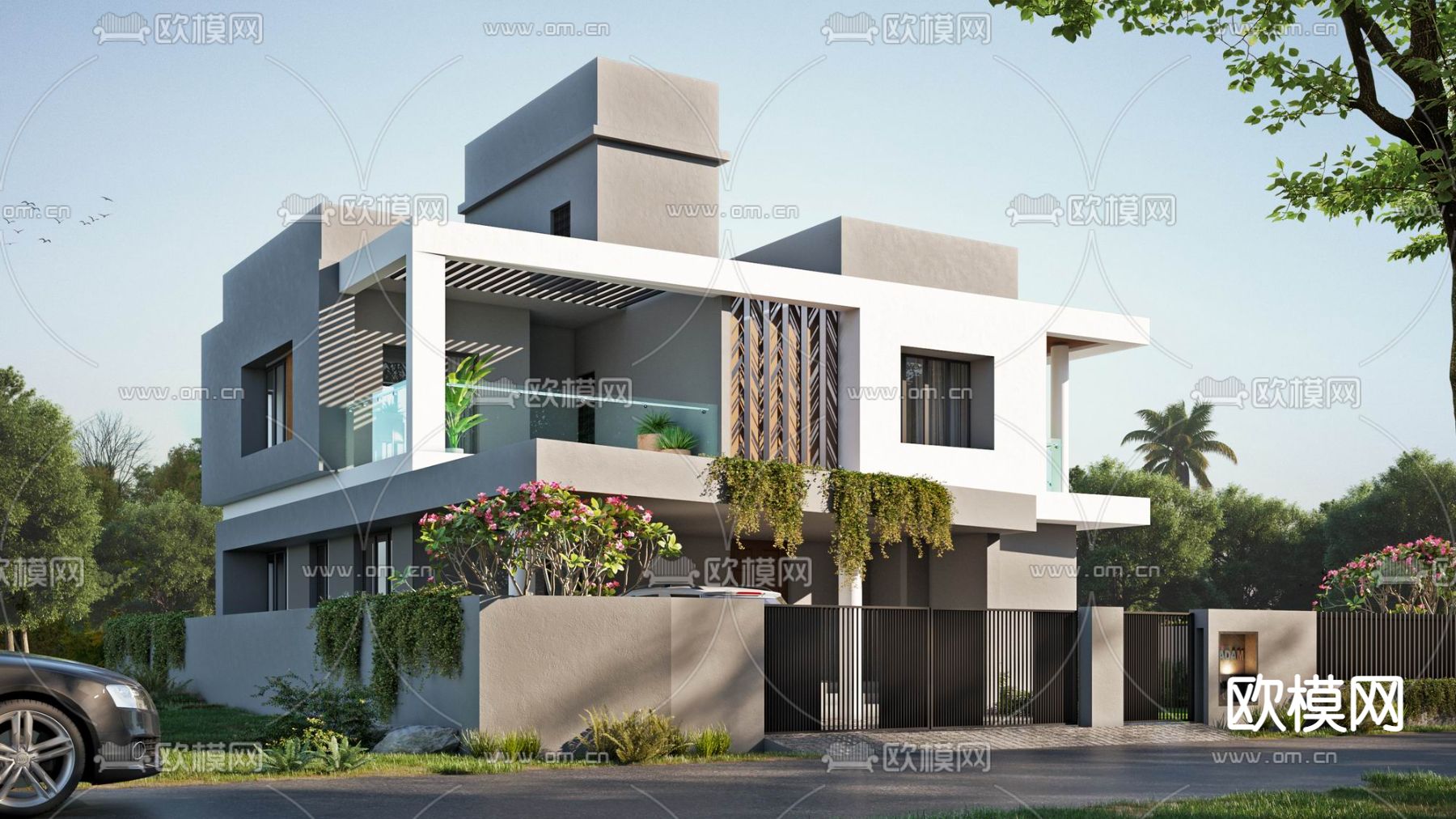独栋别墅外观su模型下载（渲染图1）